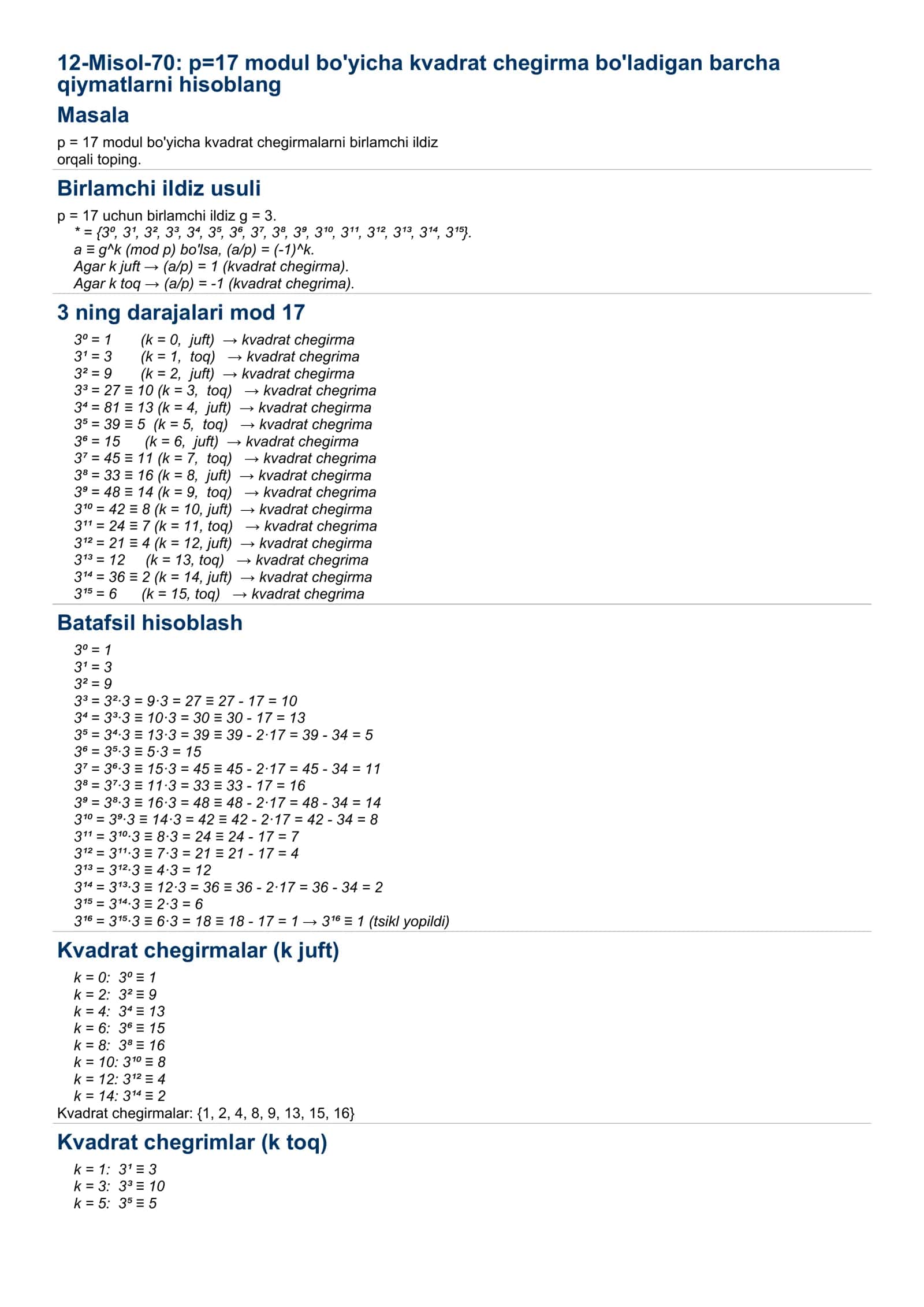 12-Misol-70: p=17 modul bo'yicha kvadrat chegirma bo'ladigan barcha qiymatlarni hisoblang