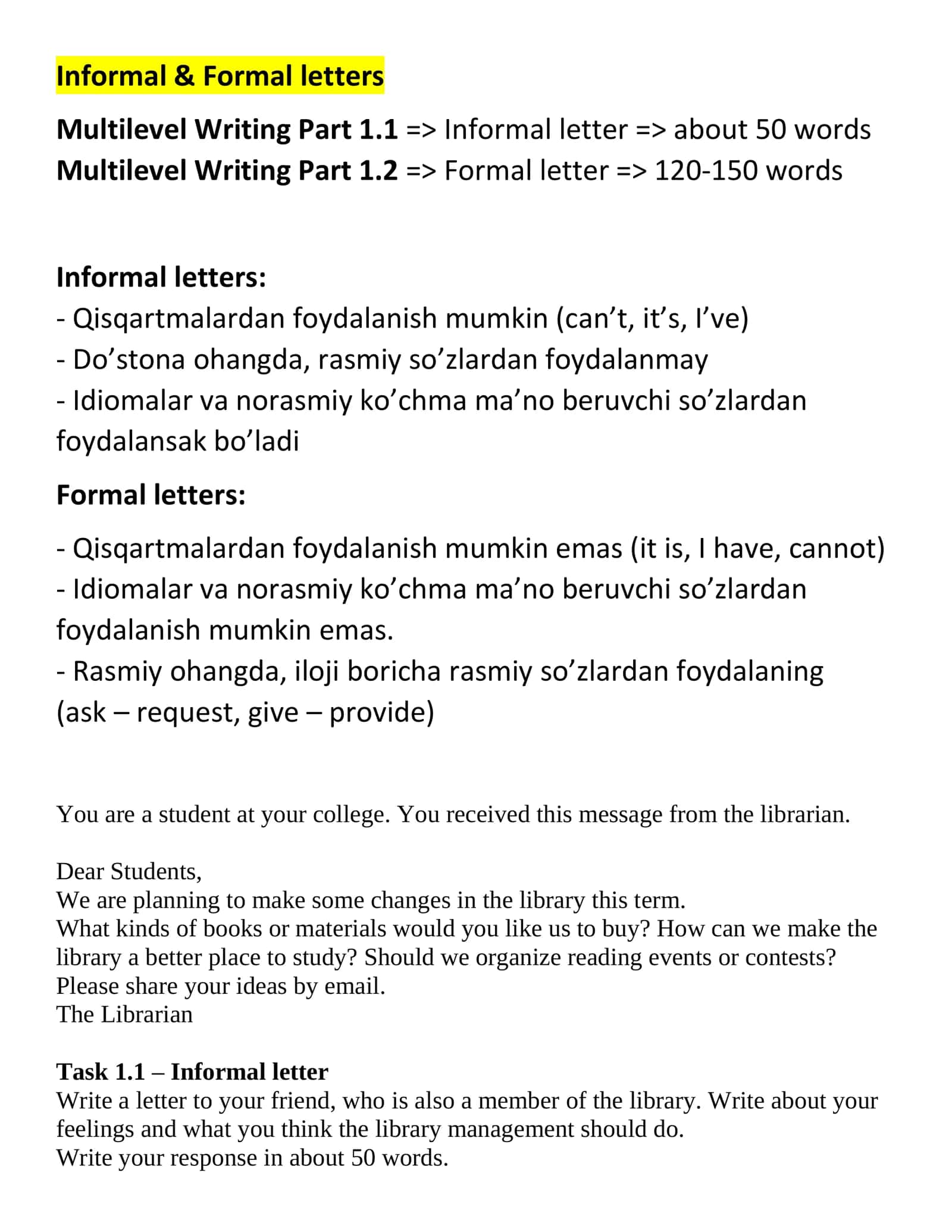 Multilevel Writing Part 1.1 - Informal letter
