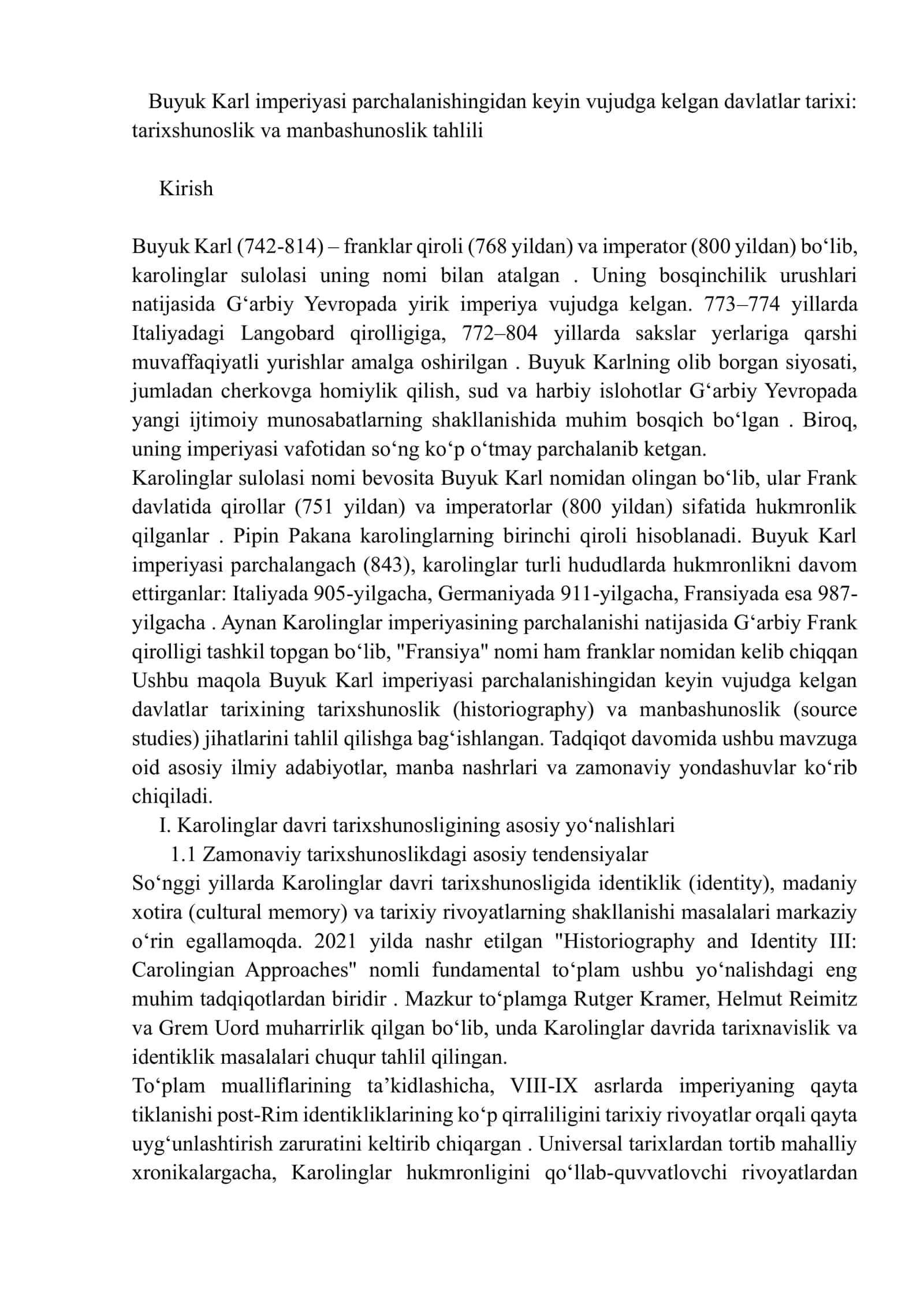 Buyuk Karl imperiyasi parchalanishingidan keyin vujudga kelgan davlatlar tarixi: tarixshunoslik va manbashunoslik tahlili