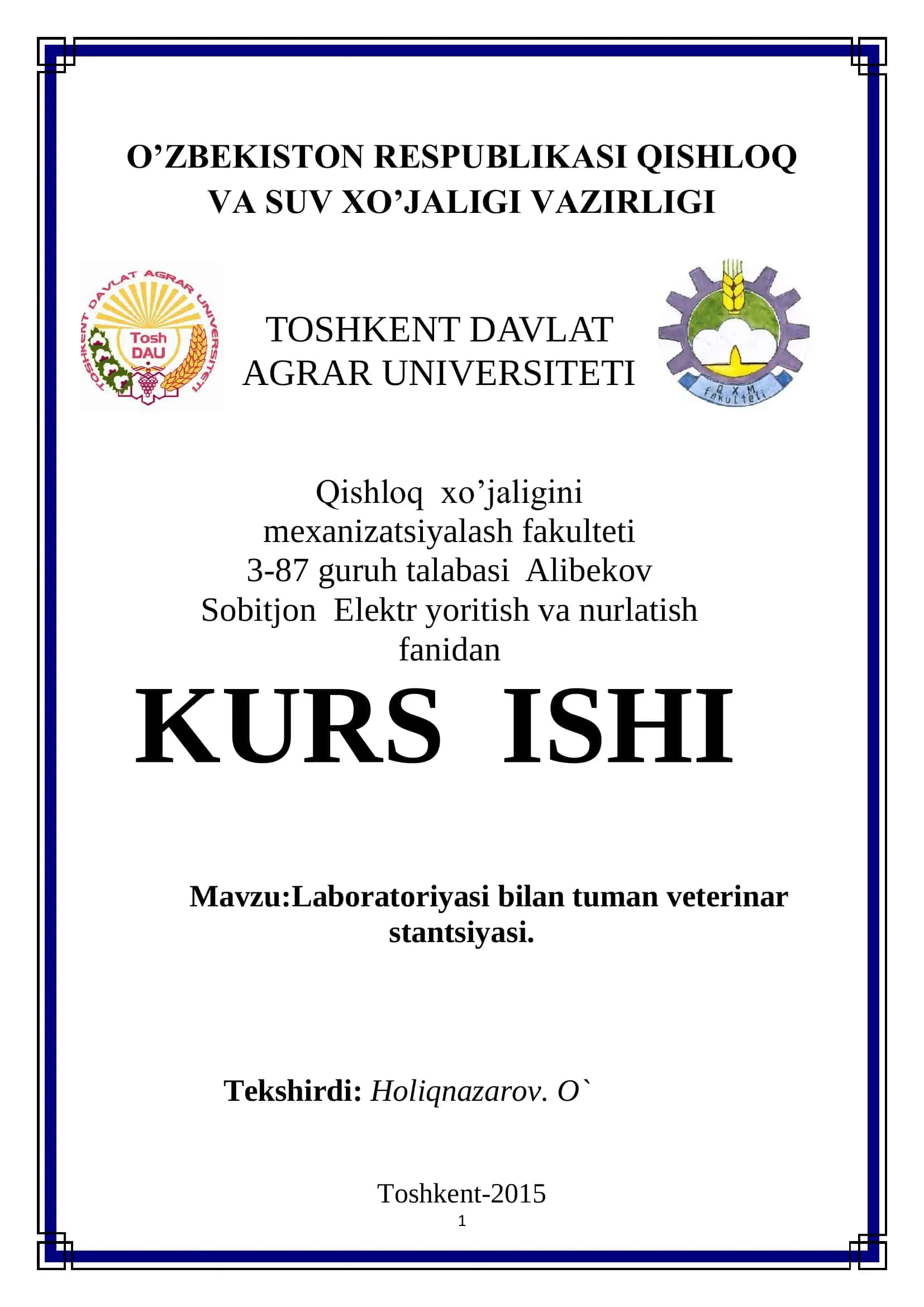 Laboratoriyasi bilan tuman veterinar stantsiyasi
