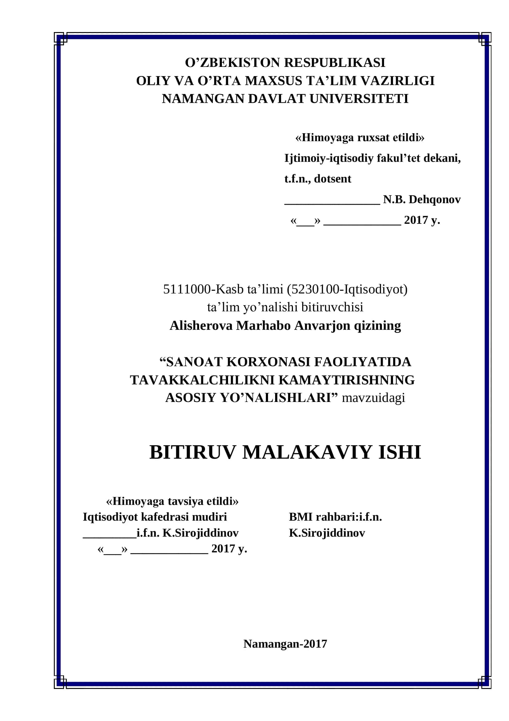 SANOAT KORXONASI FAOLIYATIDA TAVAKKALCHILIKNI KAMAYTIRISHNING ASOSIY YO’NALISHLARI
