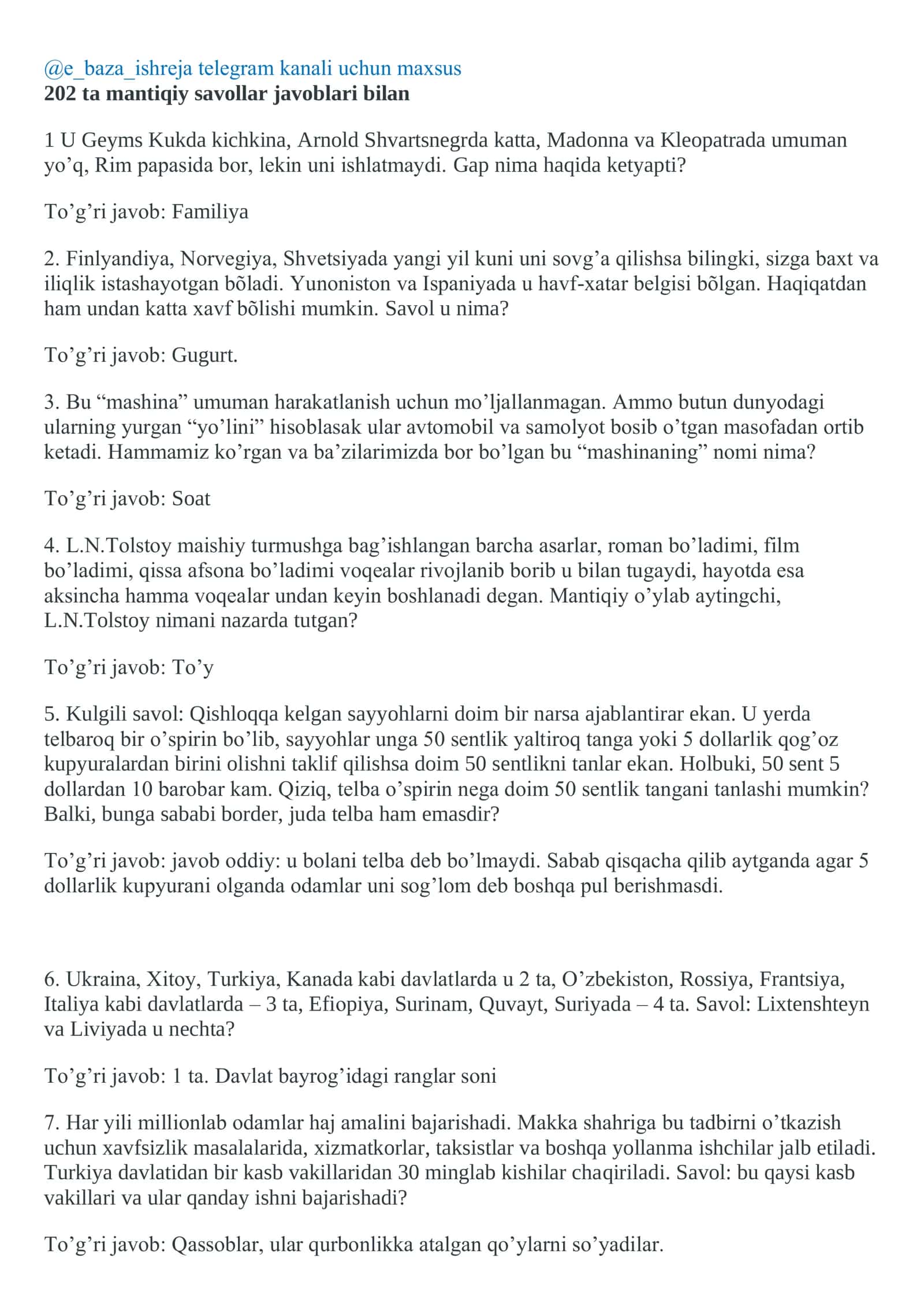 Mantiqiy savollar javoblari