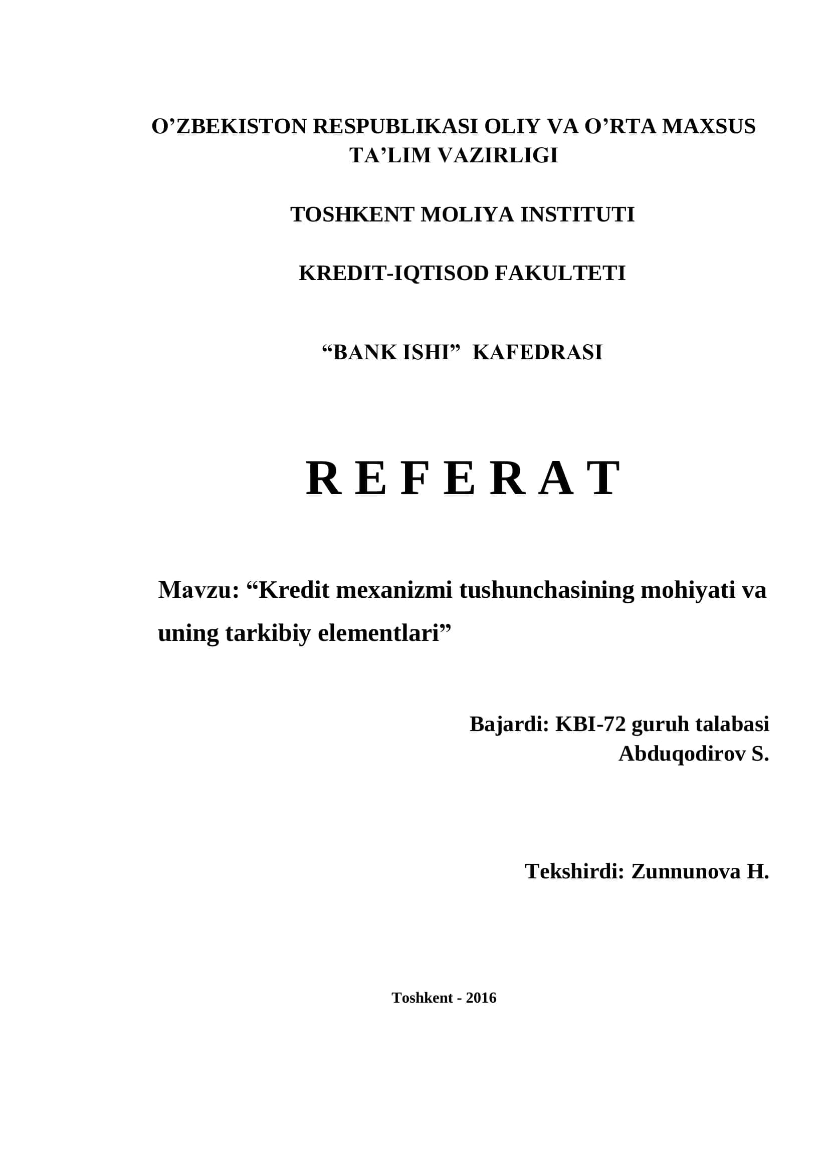 Kredit mexanizmi tushunchasi