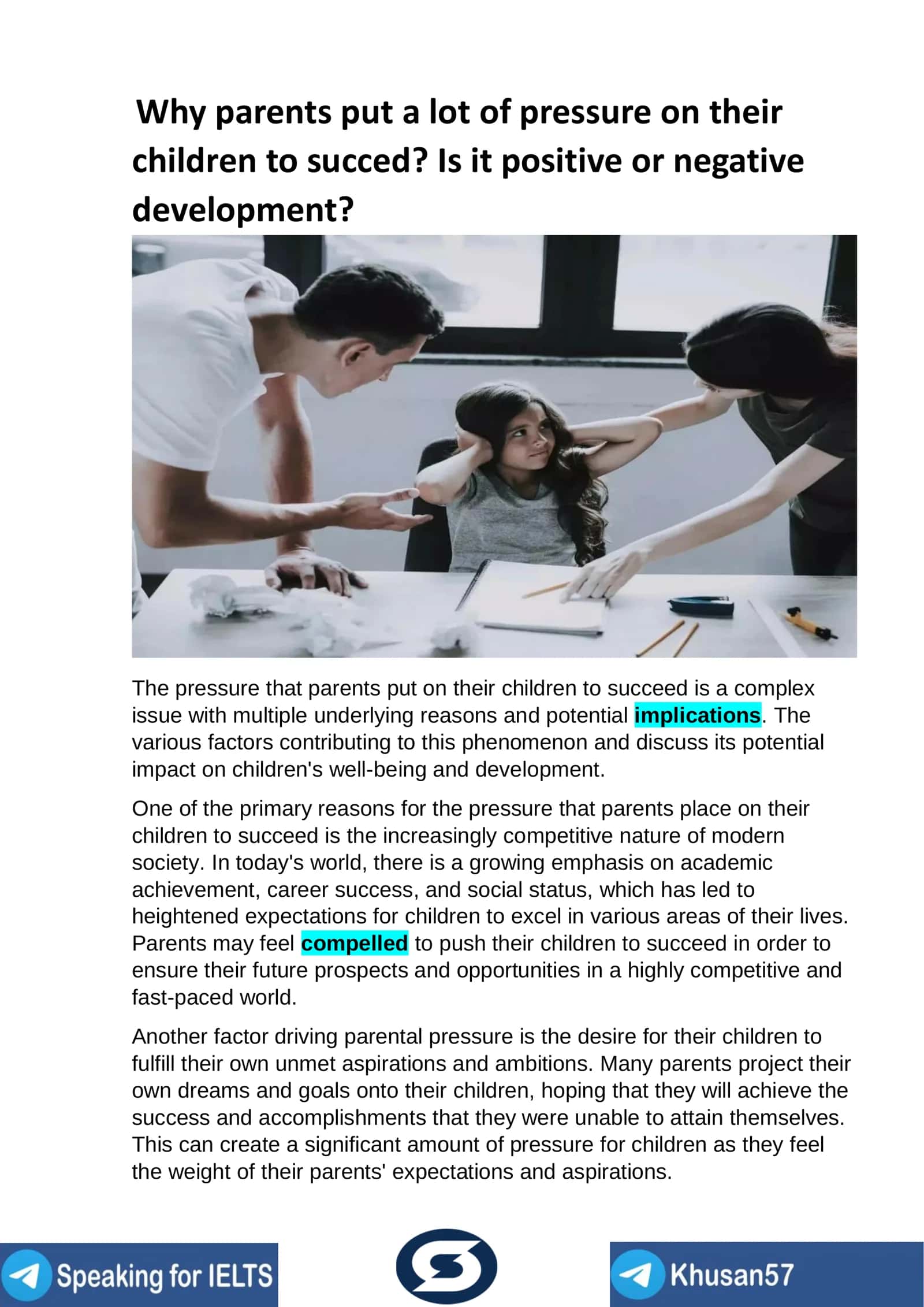 Why parents put a lot of pressure on their children to succeed?