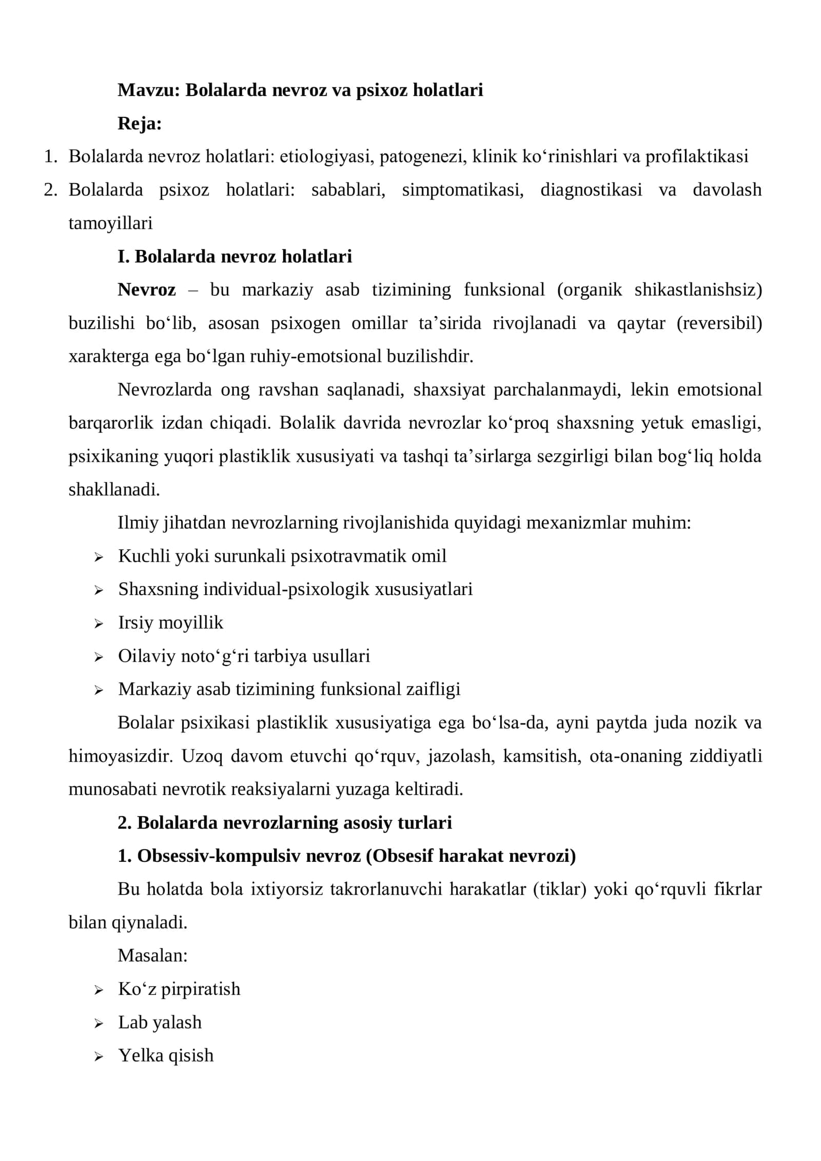 Bolalarda nevroz va psixoz holatlari