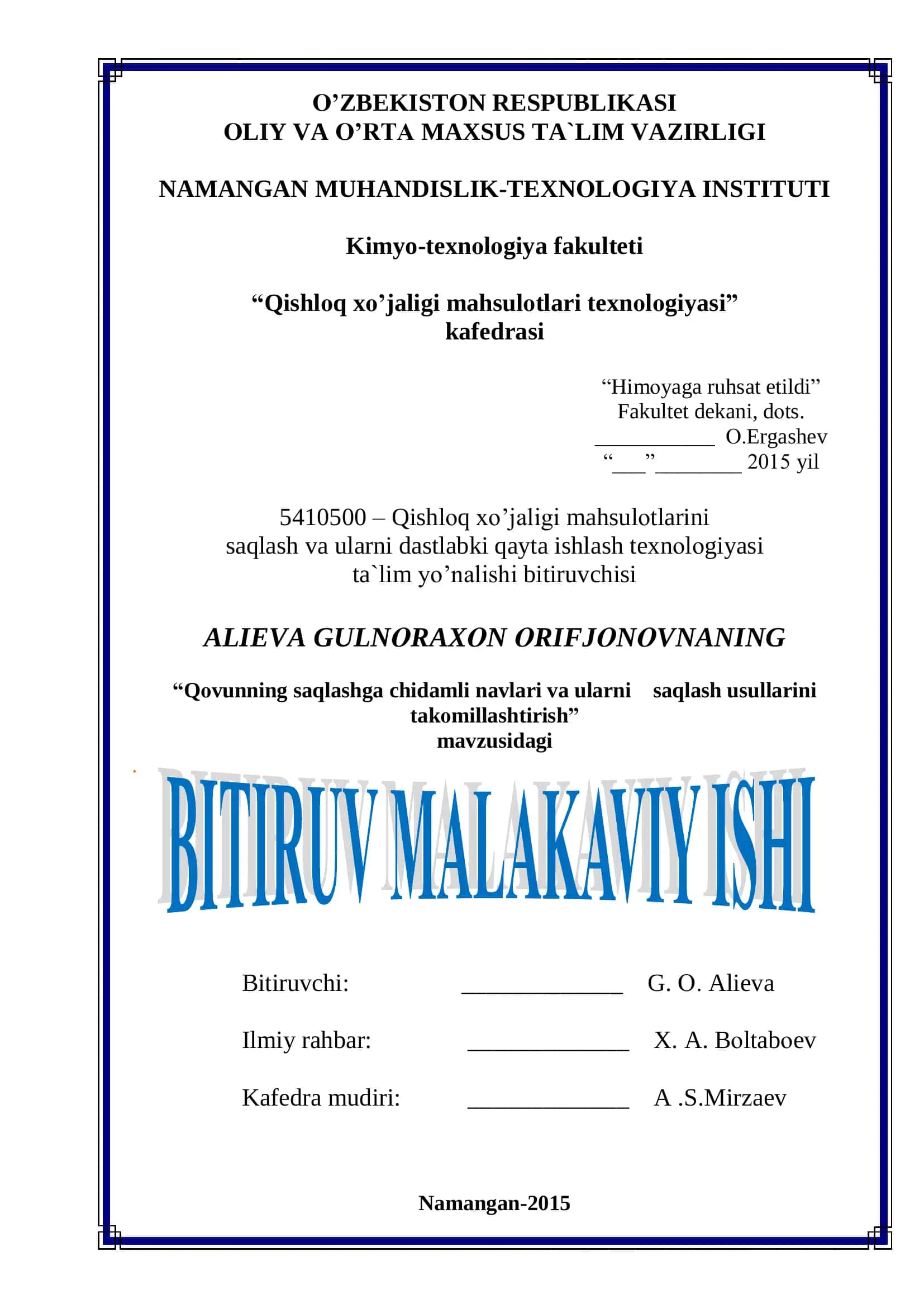 Qishloq xo’jaligi mahsulotlari texnologiyasi