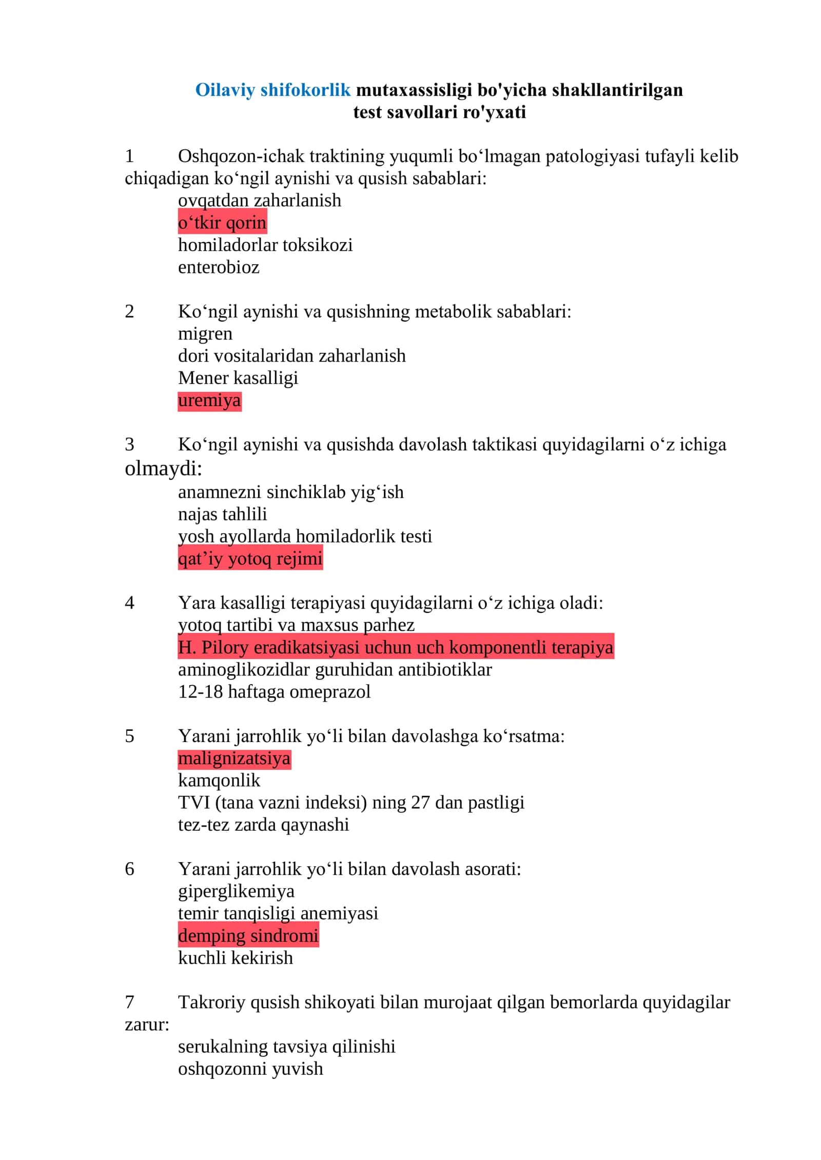 📚 Oilaviy shifokorlik mutaxassisligi bo'yicha 1005 ta test savol-javoblari to'plami ✅