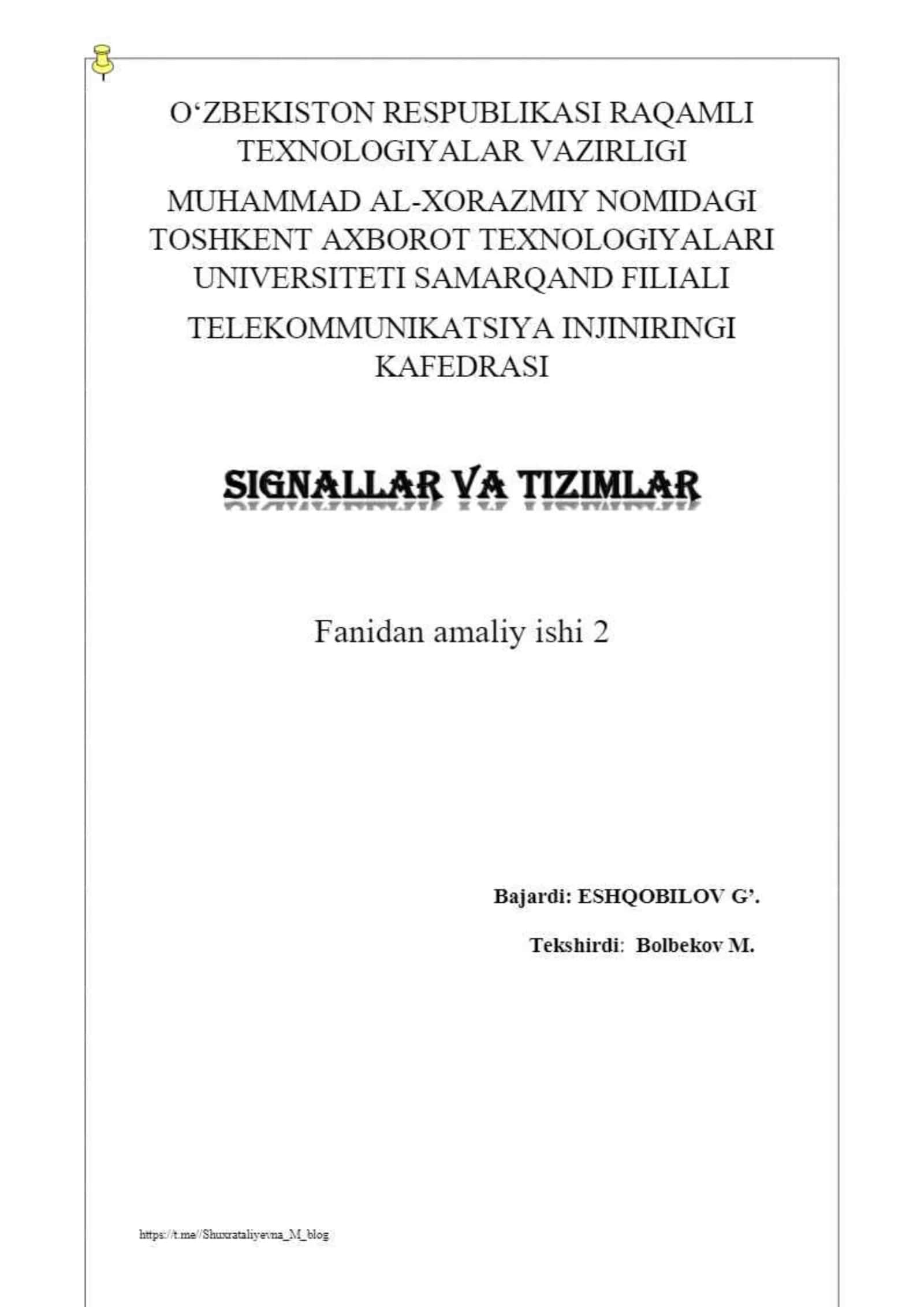 Signallar va tizimlar amaliy