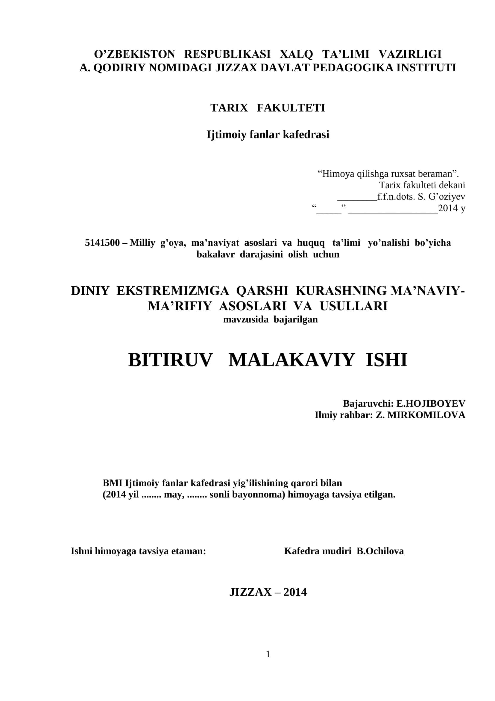 DINIY EKSTREMIZMGA QARSHI KURASHNING MA’NAVIY-MA’RIFIY ASOSLARI VA USULLARI