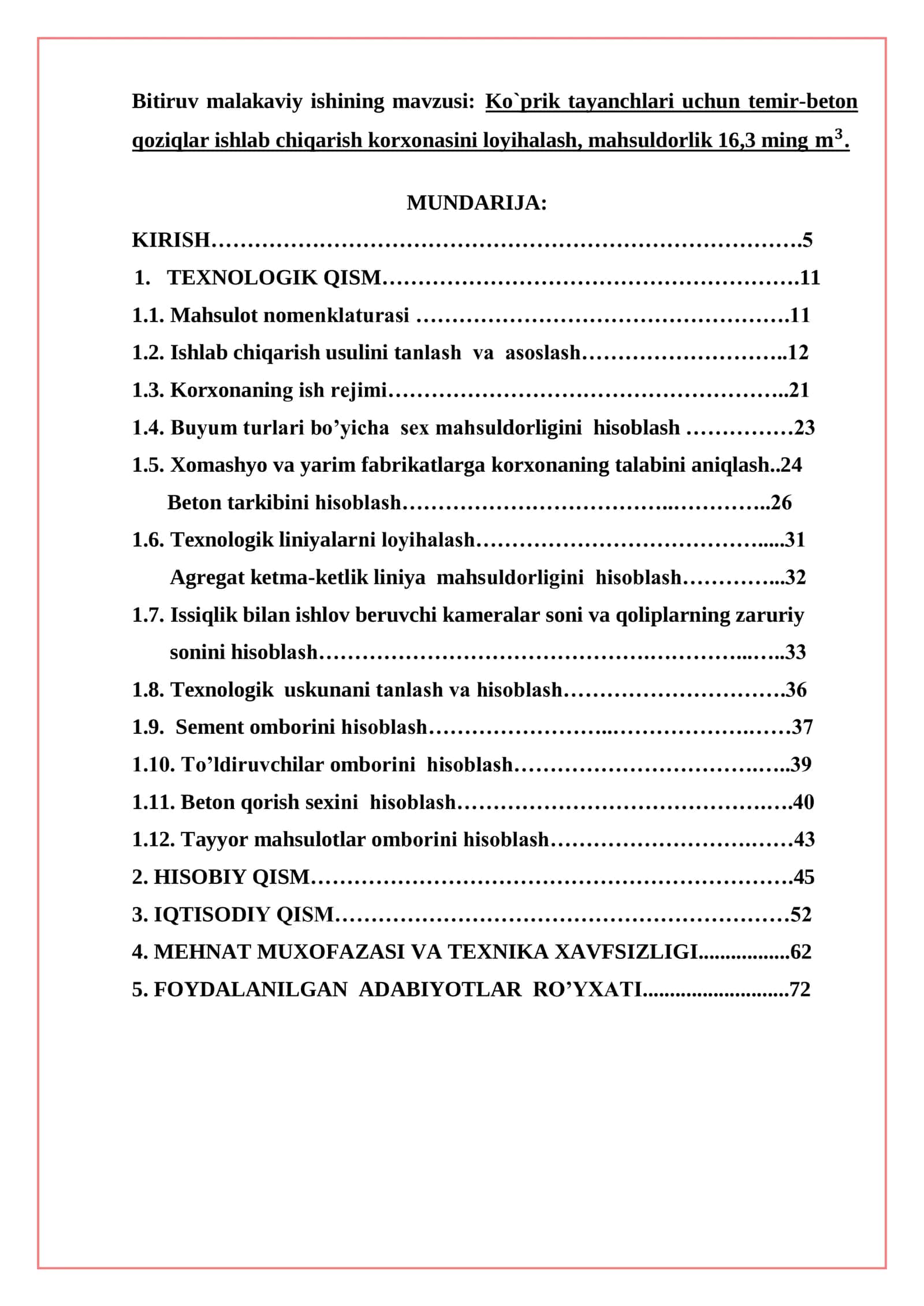 Ko`prik tayanchlari uchun temir-beton qoziqlar ishlab chiqarish korxonasini loyihalash