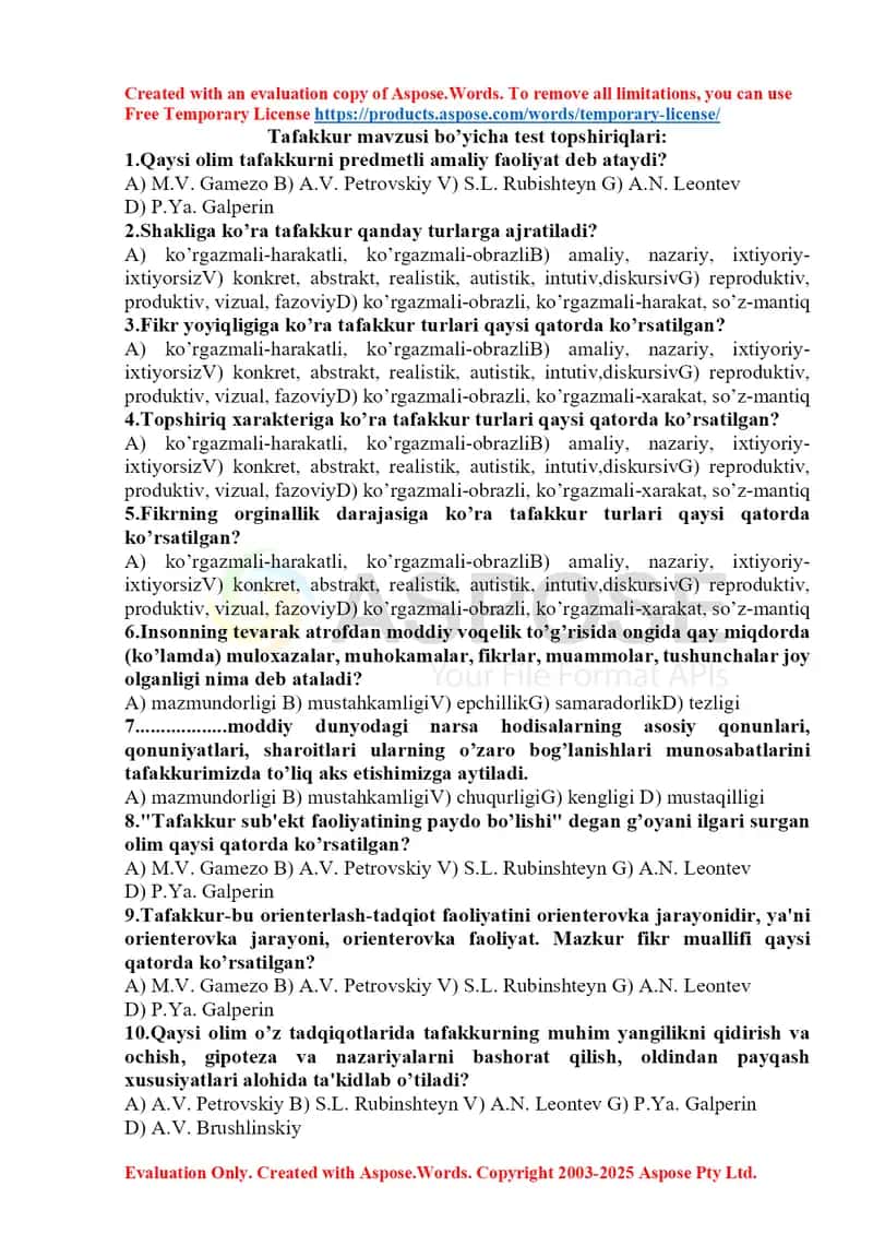Tafakkur mavzusi bo’yicha test topshiriqlari