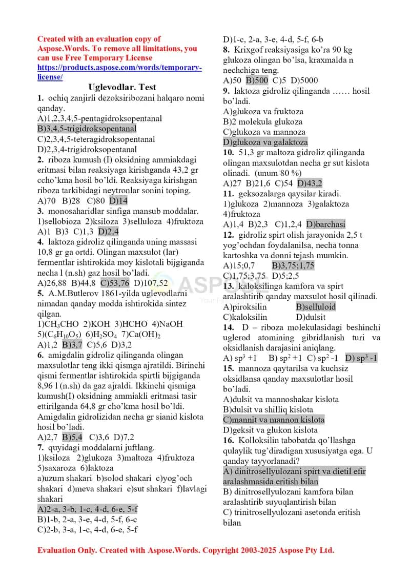 Uglevodlar. Test