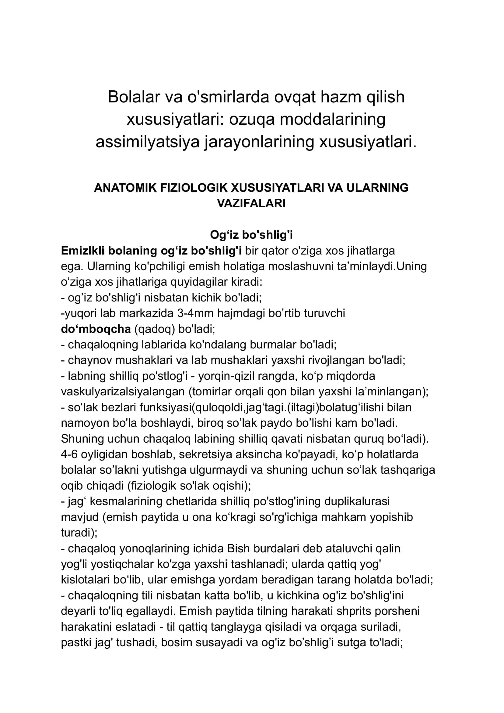 Bolalar va o'smirlarda ovqat hazm qilish