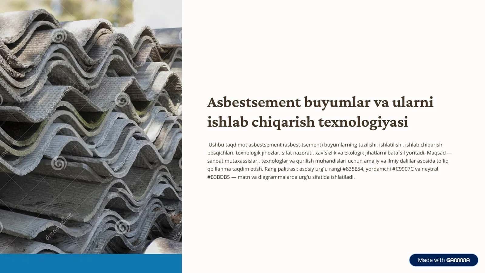 Asbestsement buyumlar va ularni ishlab chiqarish texnologiyasi
