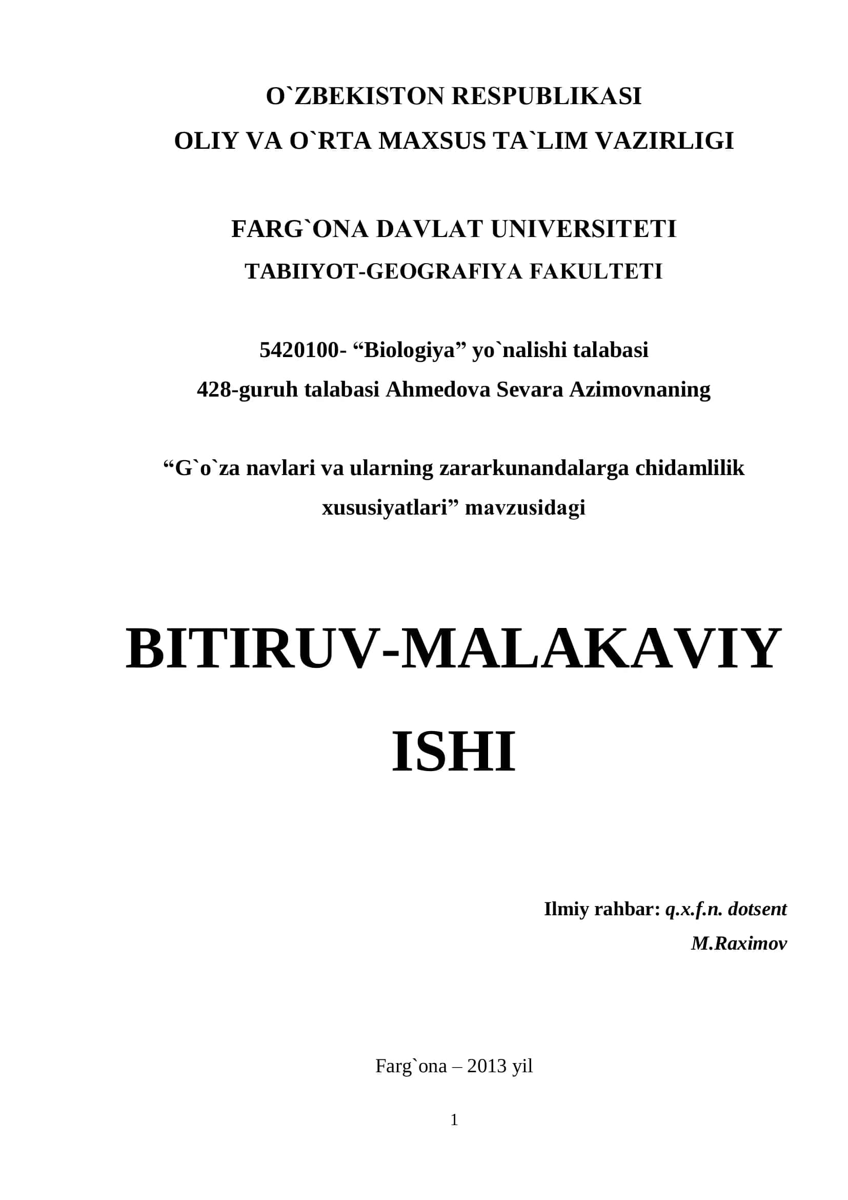 "G`o`za navlari va ularning zararkunandalarga chidamlilik xususiyatlari" mavzusidagi BITIRUV-MALAKAVIY ISHI