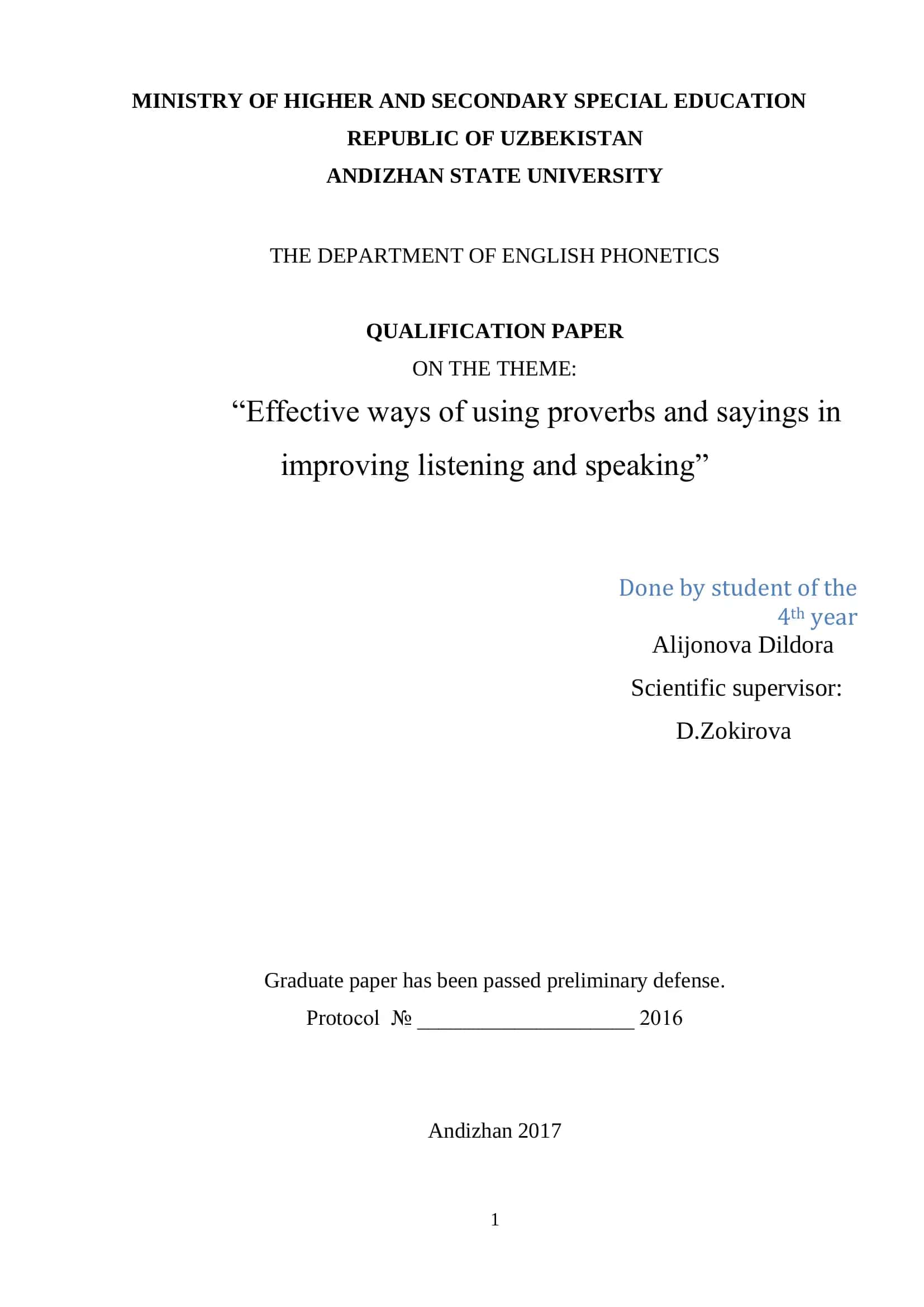 Qualification paper on the theme: “Effective ways of using proverbs and sayings in improving listening and speaking”