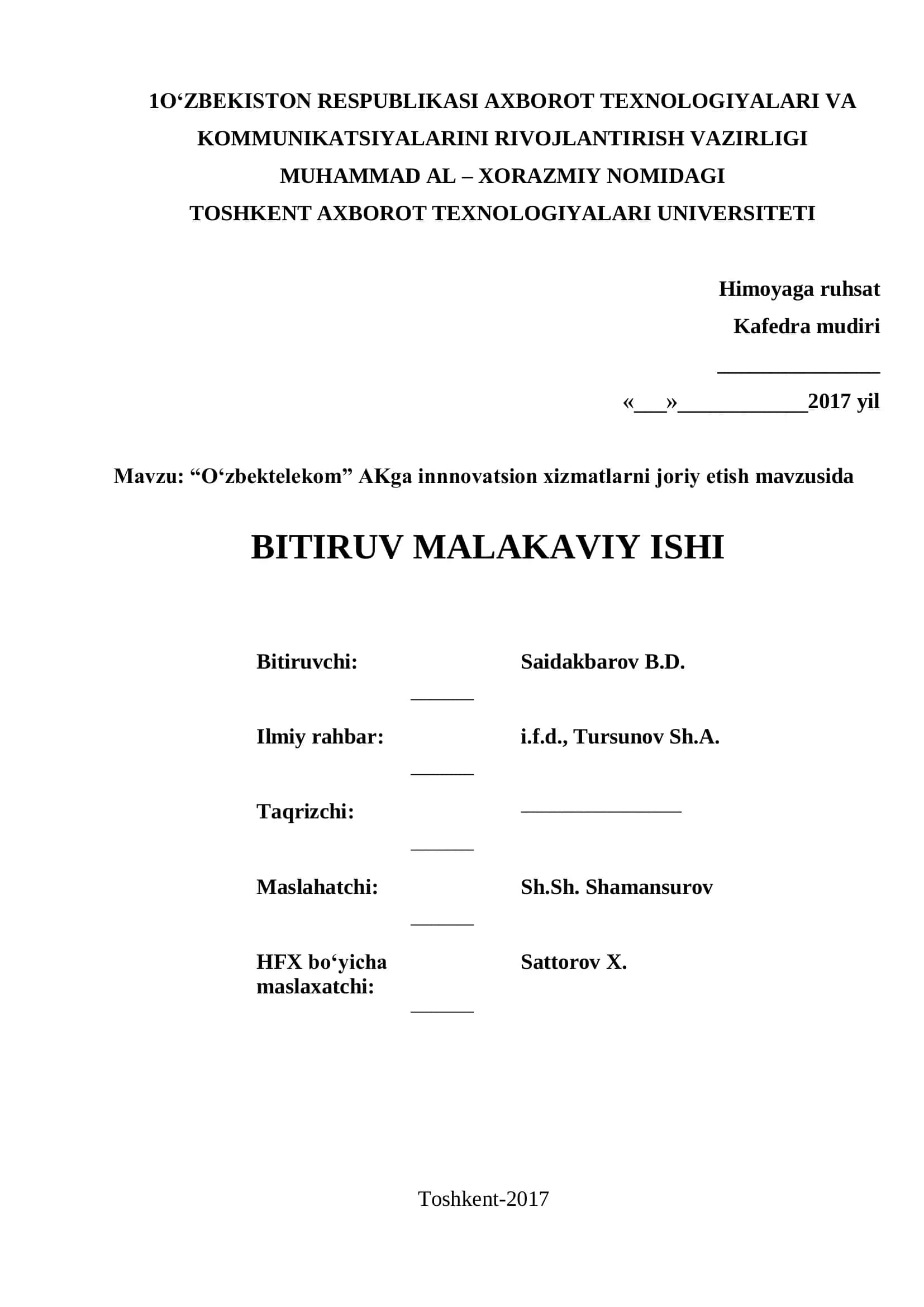 O‘zbektelekom” AKga innnovatsion xizmatlarni joriy etish mavzusida BITIRUV MALAKAVIY ISHI