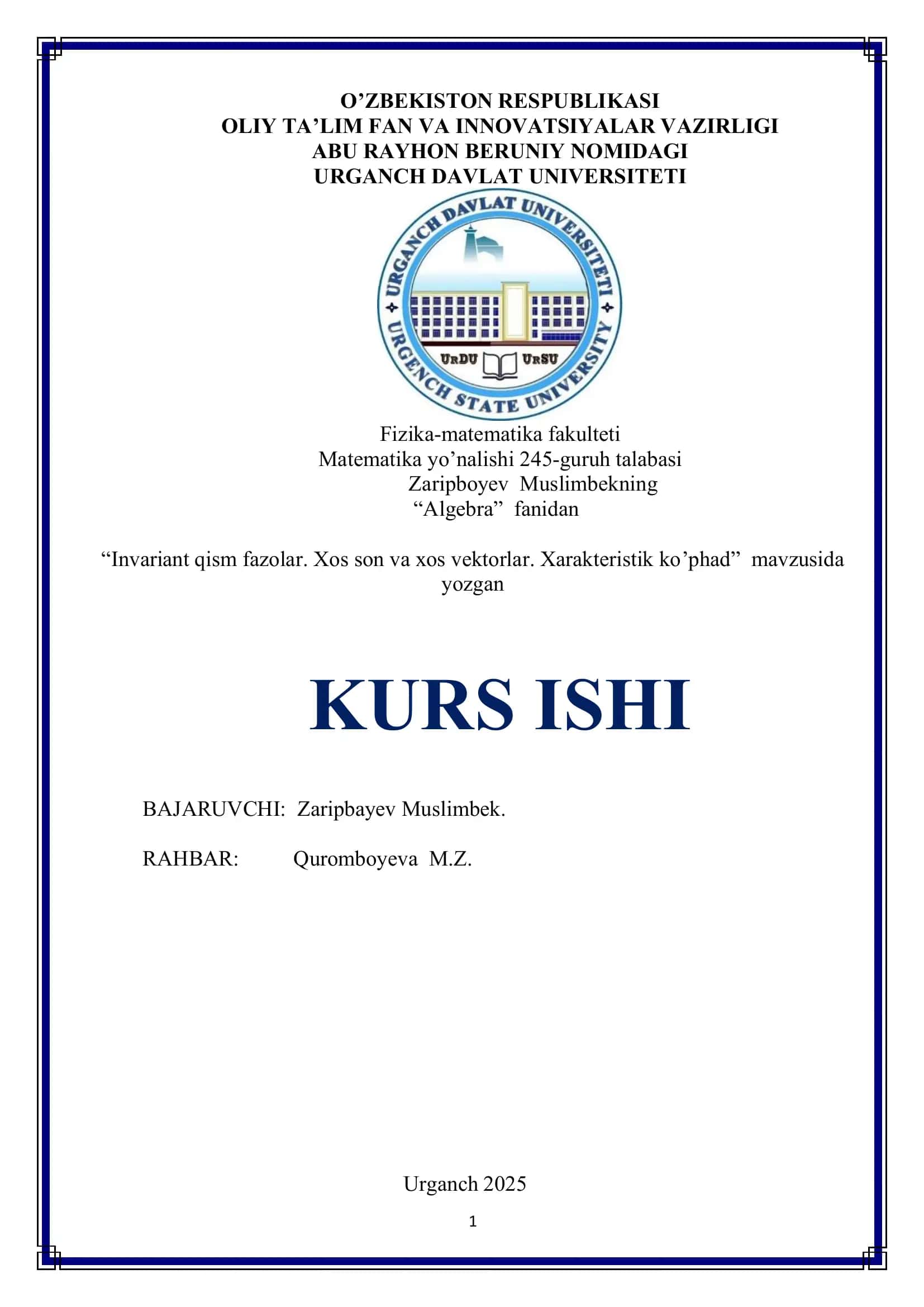 Invariant qism fazolar. Xos son va xos vektorlar. Xarakteristik ko’phad