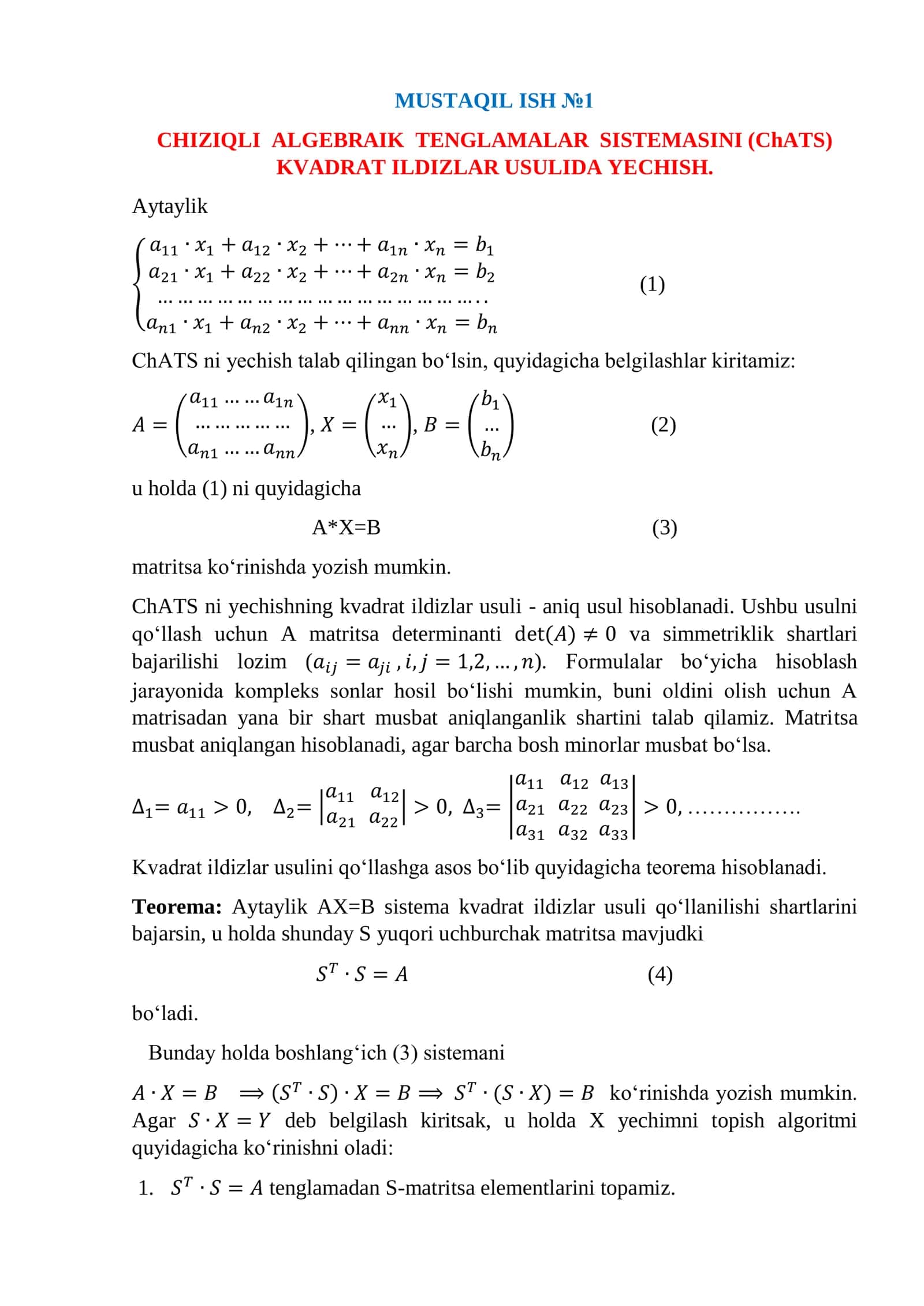 CHIZIQLI ALGEBRAIK TENGLAMALAR SISTEMASINI (ChATS)