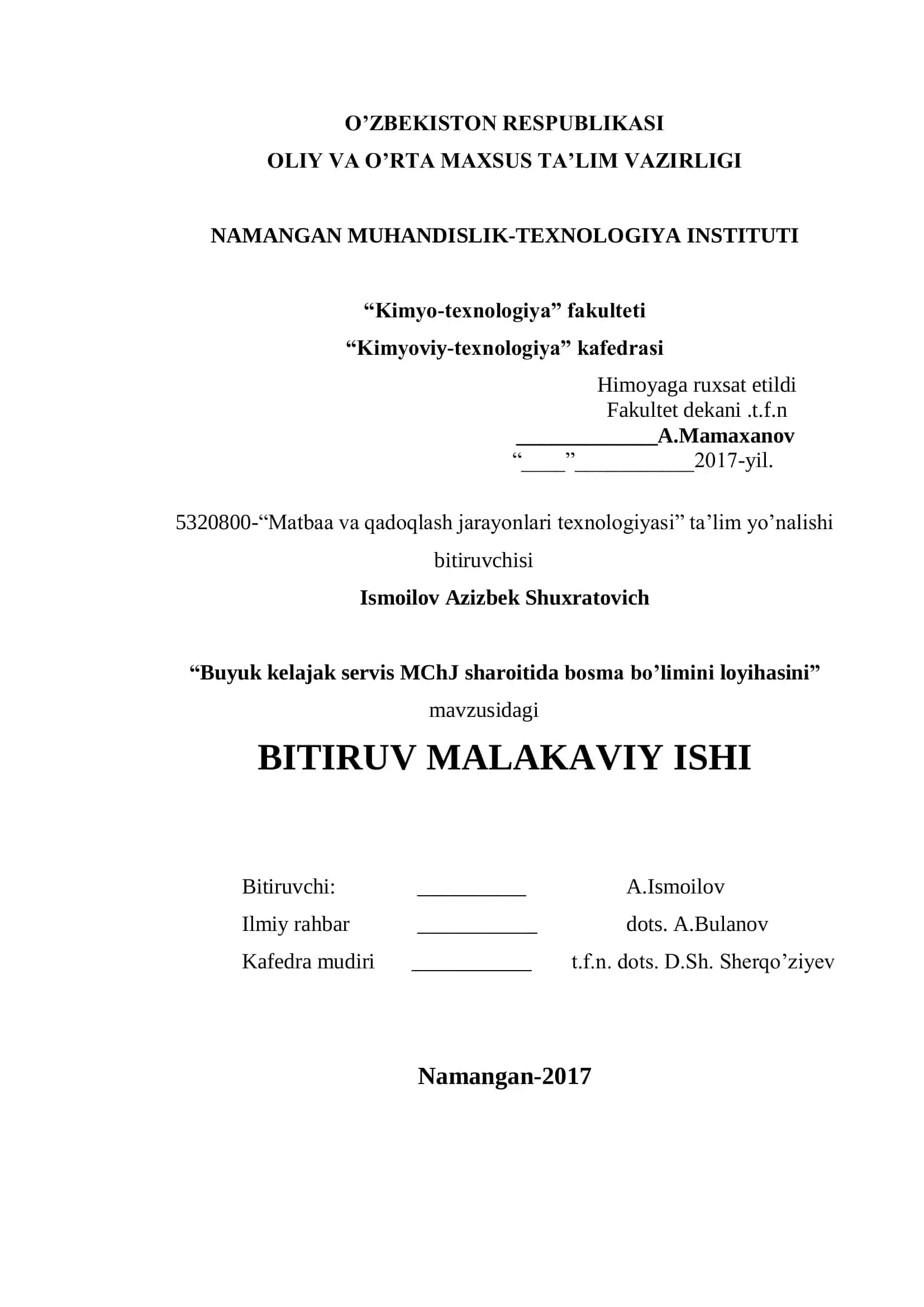 "Matbaa va qadoqlash jarayonlari texnologiyasi” ta’lim yo’nalishi