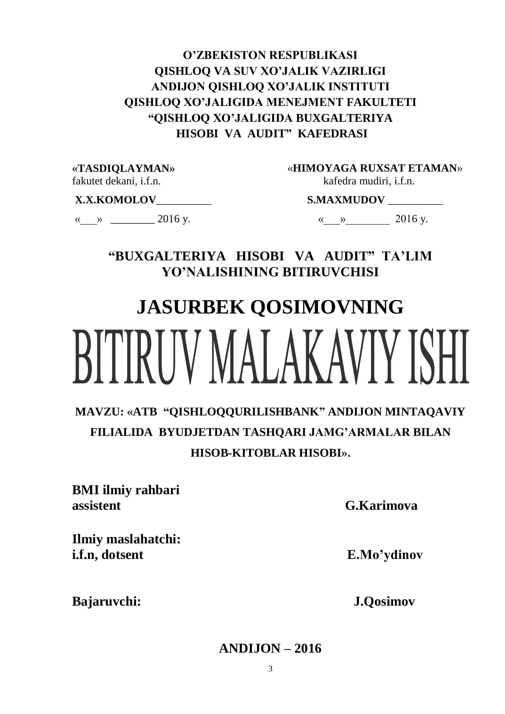 ATB “QISHLOQQURILISHBANK” ANDIJON MINTAQAVIY FILIALIDA BYUDJETDAN TASHQARI JAMG’ARMALAR BILAN HISOB-KITOBLAR HISOBI