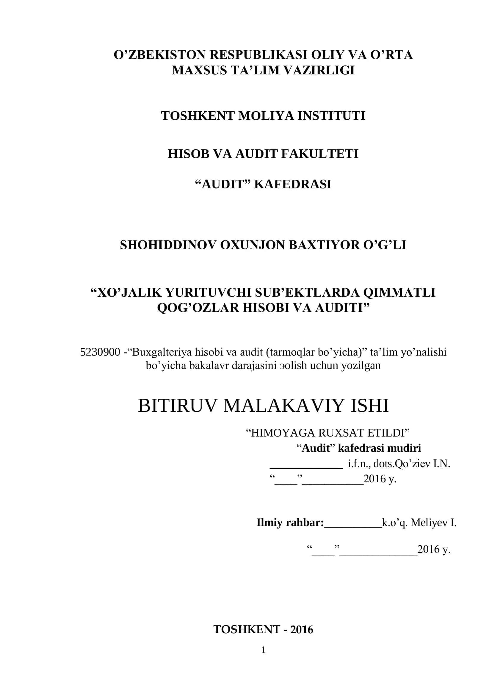 "Qimmatli qog'ozlar hisobi va auditining nazariy asoslari"