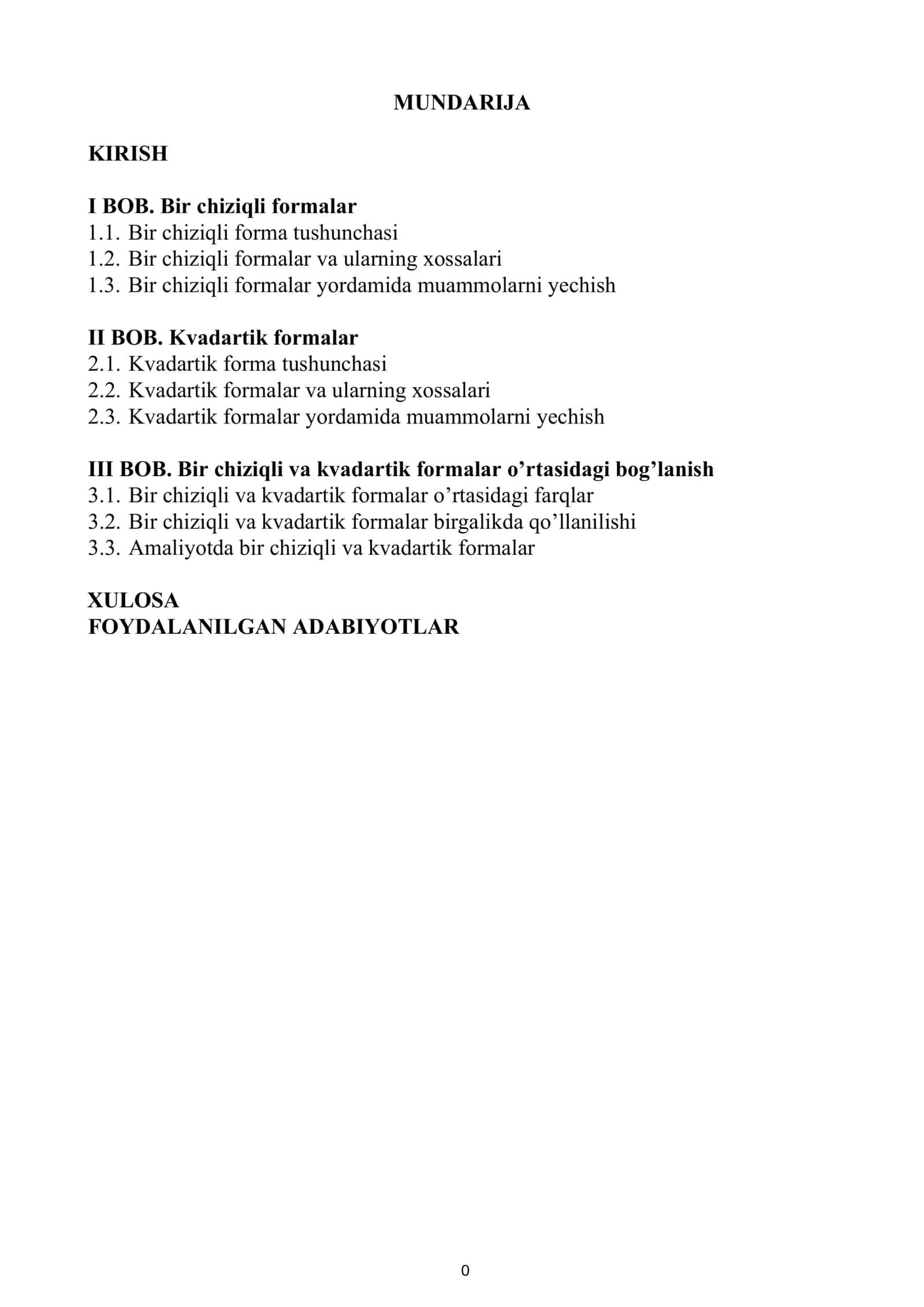 Bir chiziqli va kvadartik formalar tushunchalari