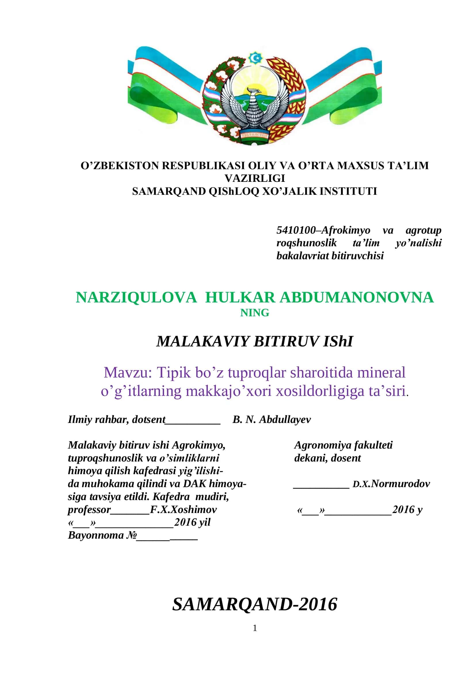 Tuproqshunoslik va o’simliklarni himoya qilish malakaviy bitiruv ishi