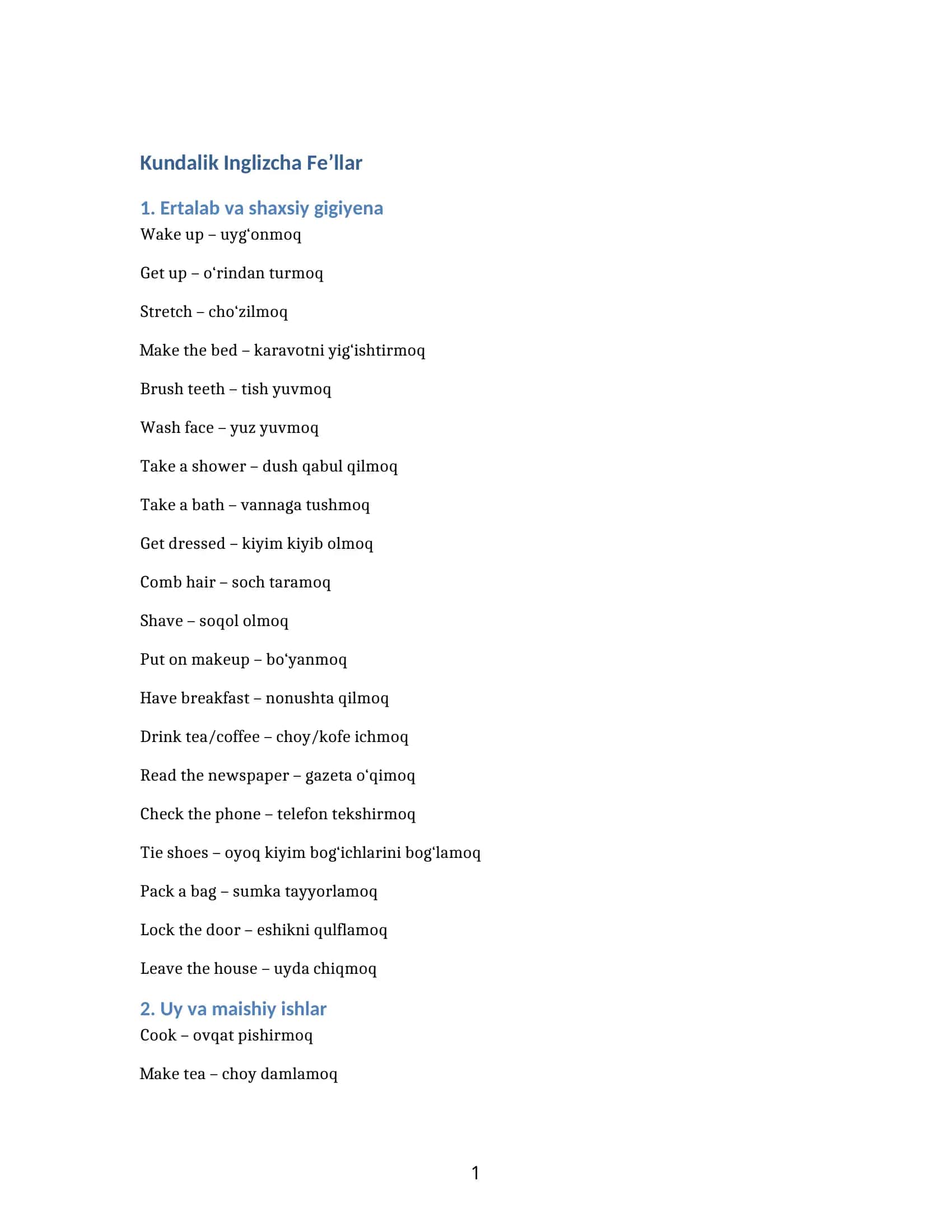 Kundalik Inglizcha Fe’llar