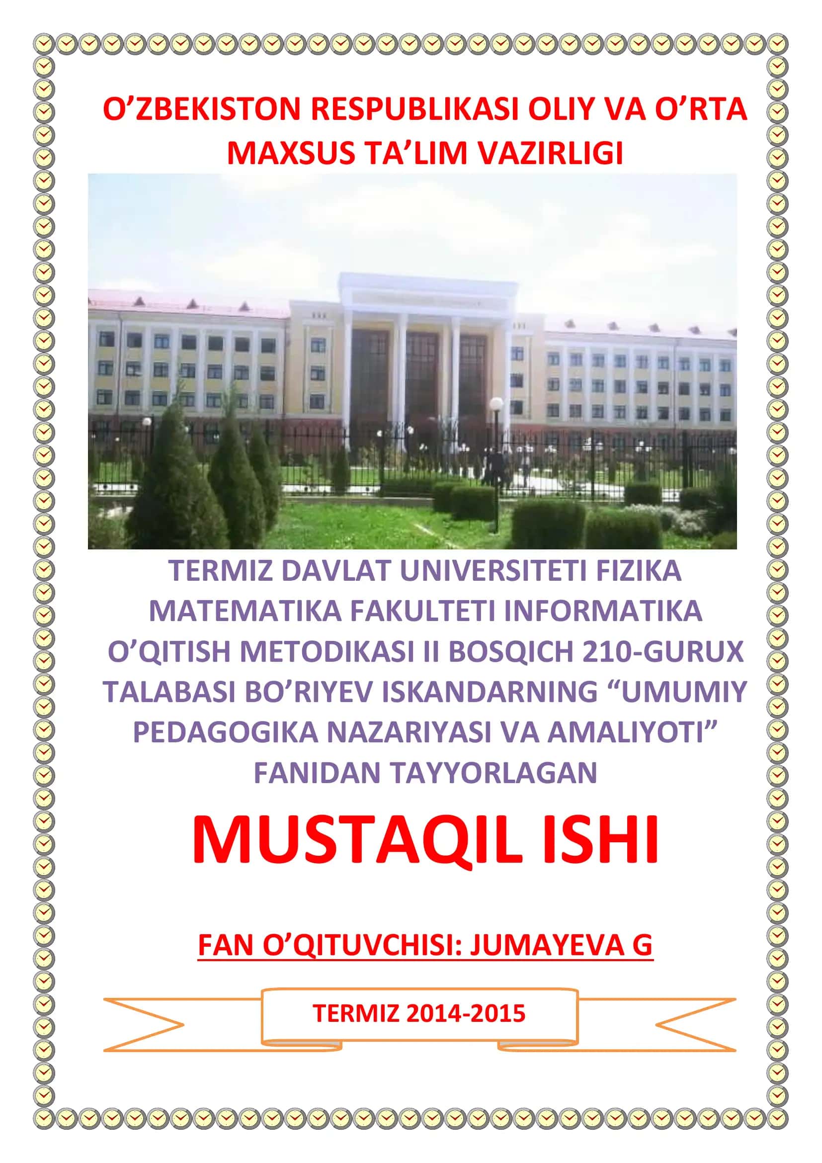 UMUMIY PEDAGOGIKA NAZARIYASI VA AMALIYOTI
