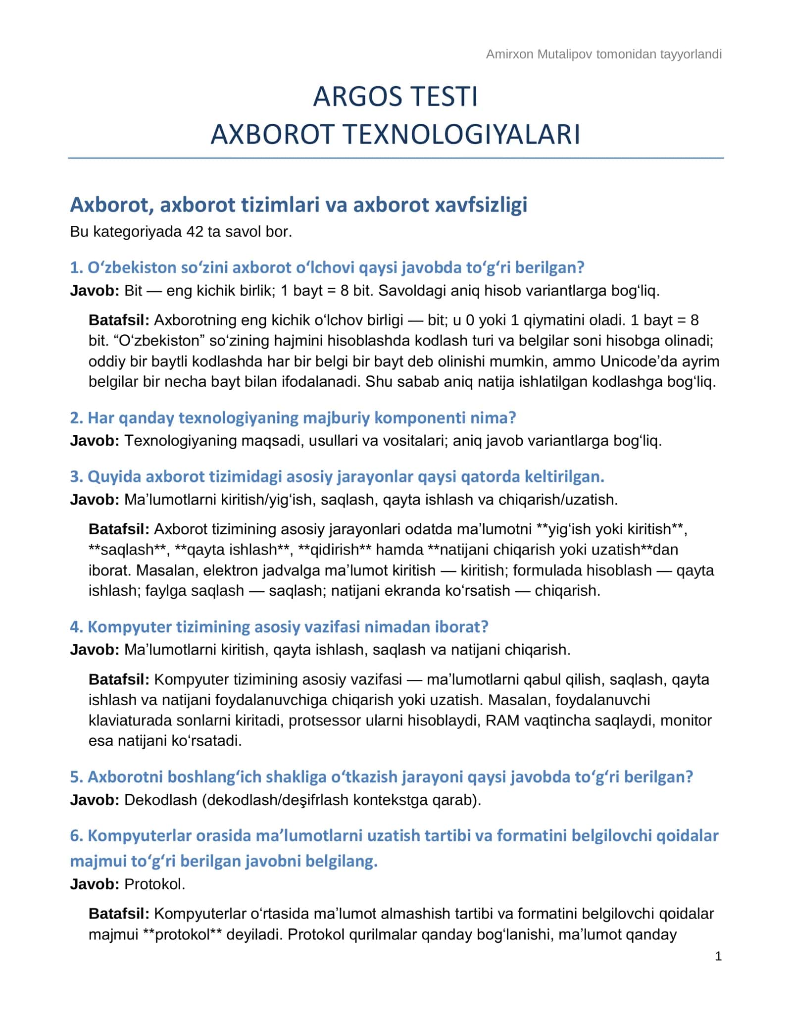 ARGOS Axborot texnologiyalari — 290 ta savol-javob | 2027