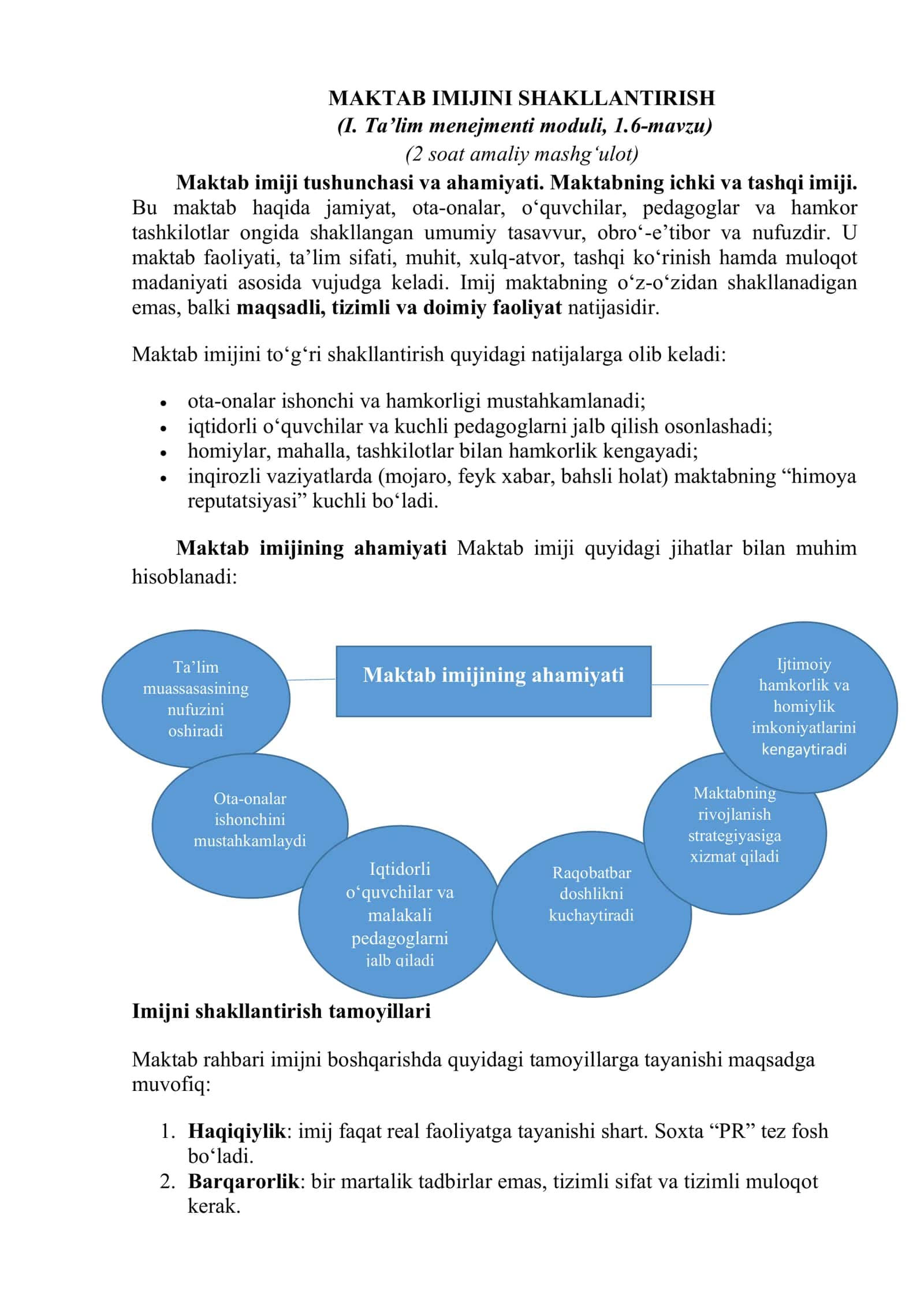 Menejerlik o'uv kursi tinglovchilari uchun MAKTAB IMIJINI SHAKLLANTIRISH (I. Ta’lim menejmenti moduli, 1.6-mavzu)