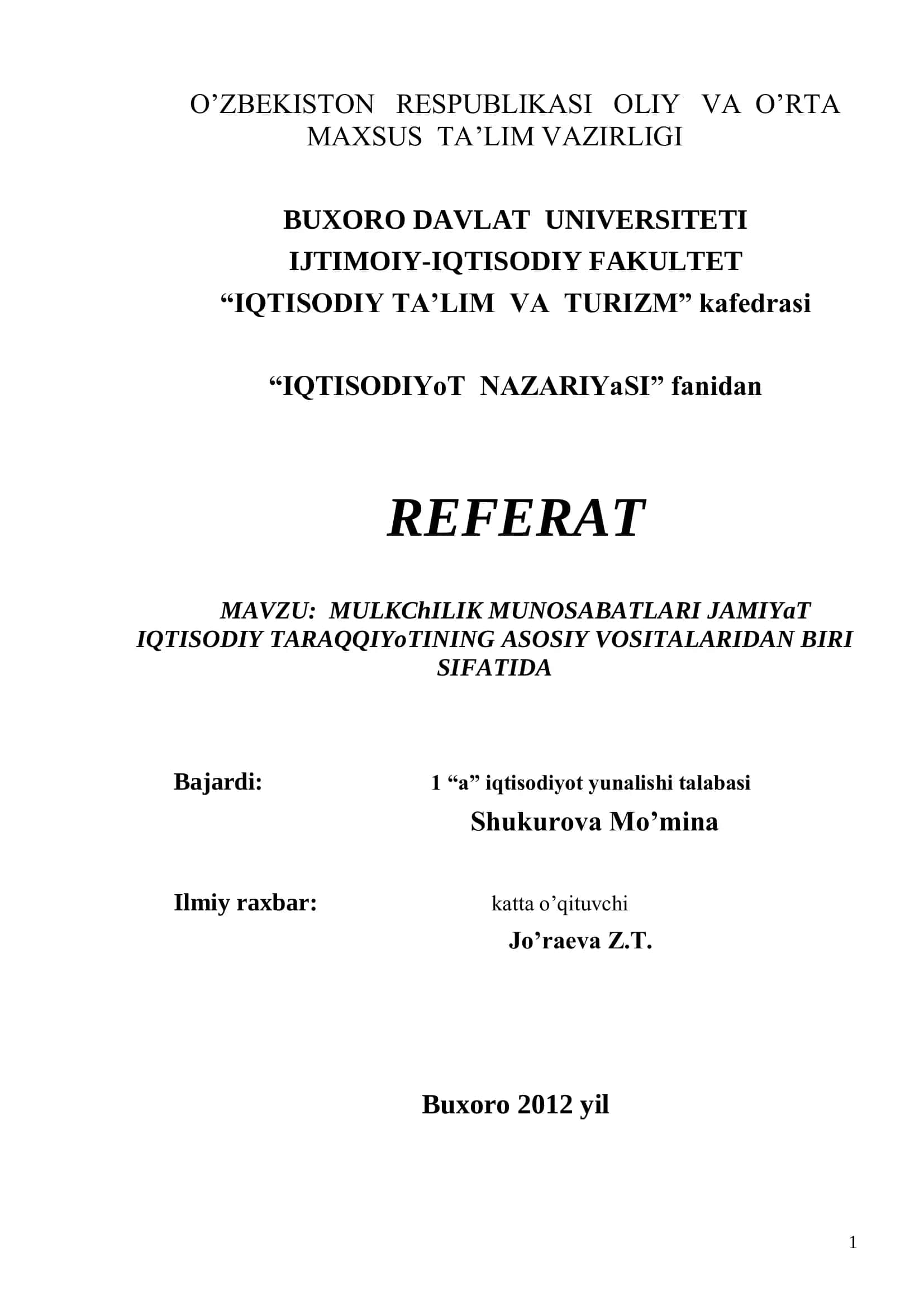 MULKChILIK MUNOSABATLARI JAMIYaT IQTISODIY TARAQQIYoTINING ASOSIY VOSITALARIDAN BIRI