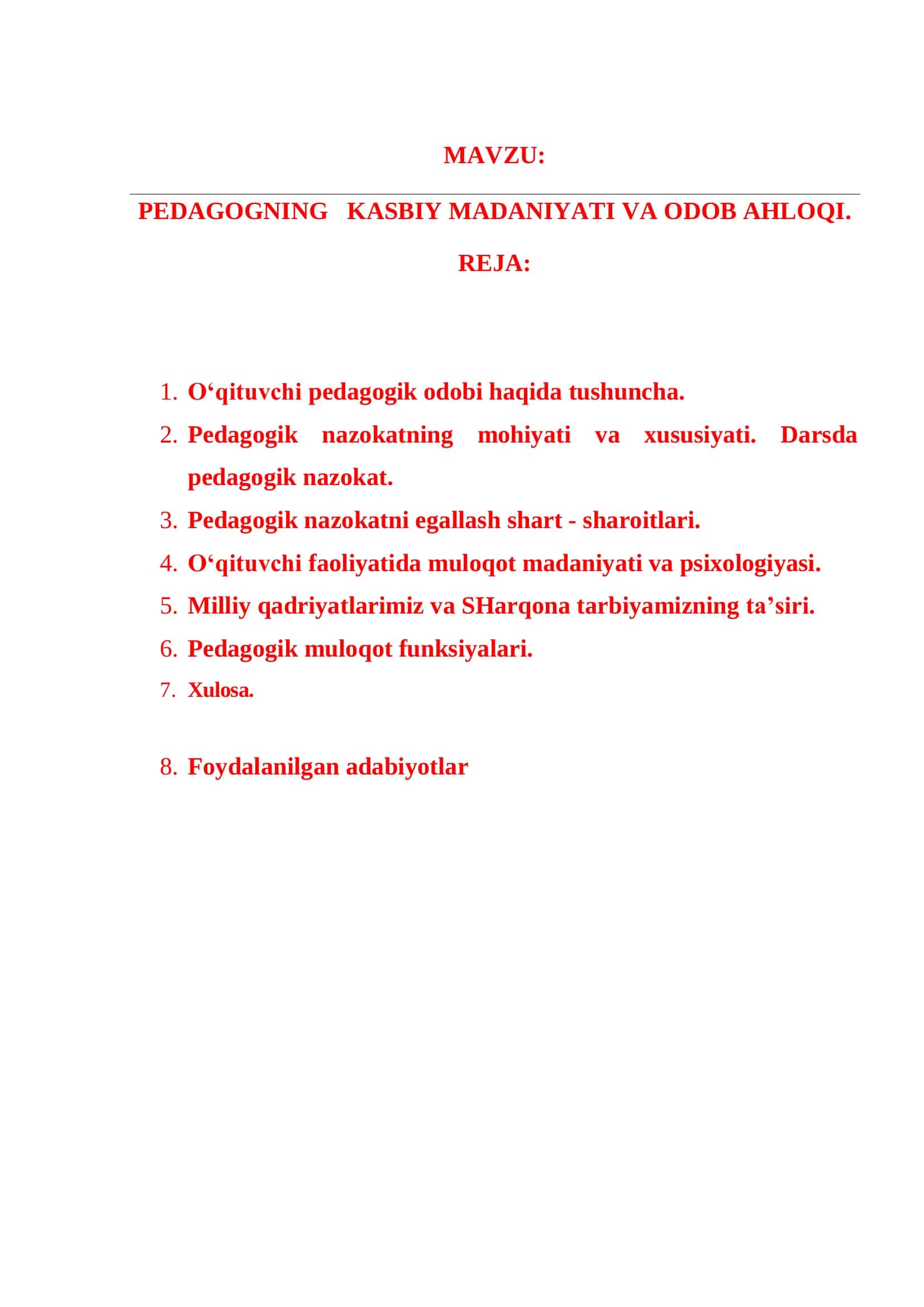 PEDAGOGNING KASBIY MADANIYATI VA ODOB AHLOQI