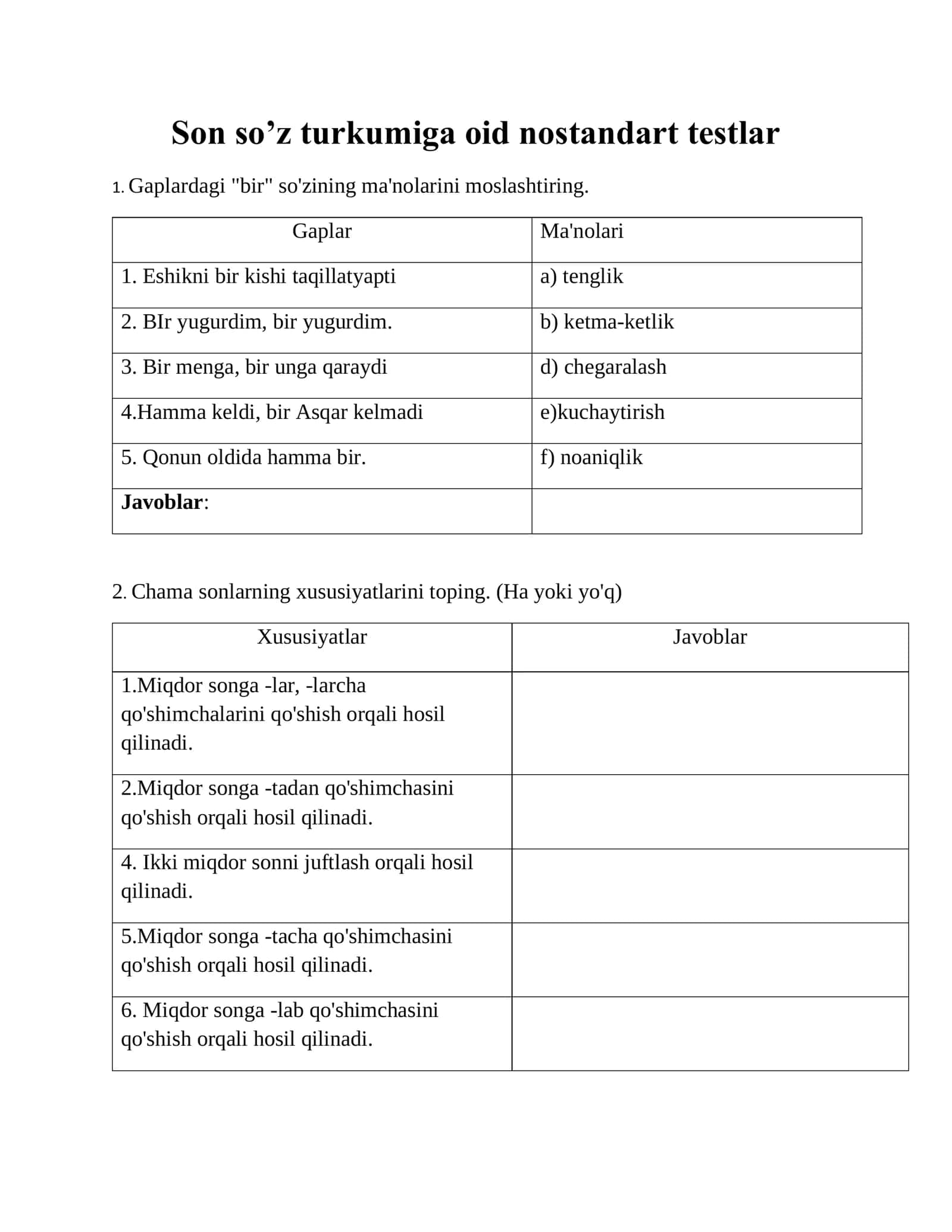 Son so'z turkumiga oid nostandart testlar