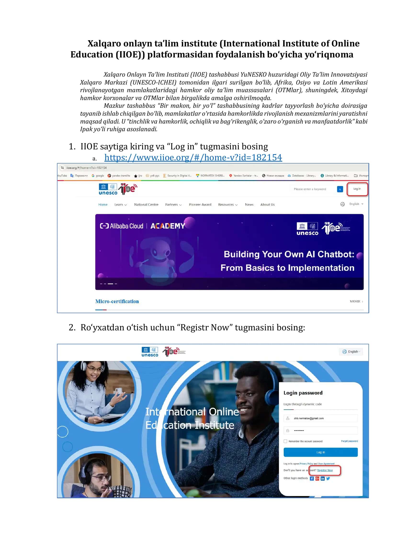 Xalqaro onlayn ta’lim institute (International Institute of Online Education (IIOE)) platformasidan foydalanish bo‘yicha yo‘riqnoma