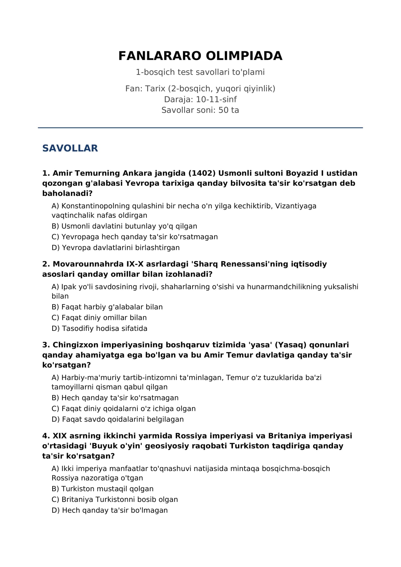 FANLARARO OLIMPIADA 2-bosqich test savollari to'plami
