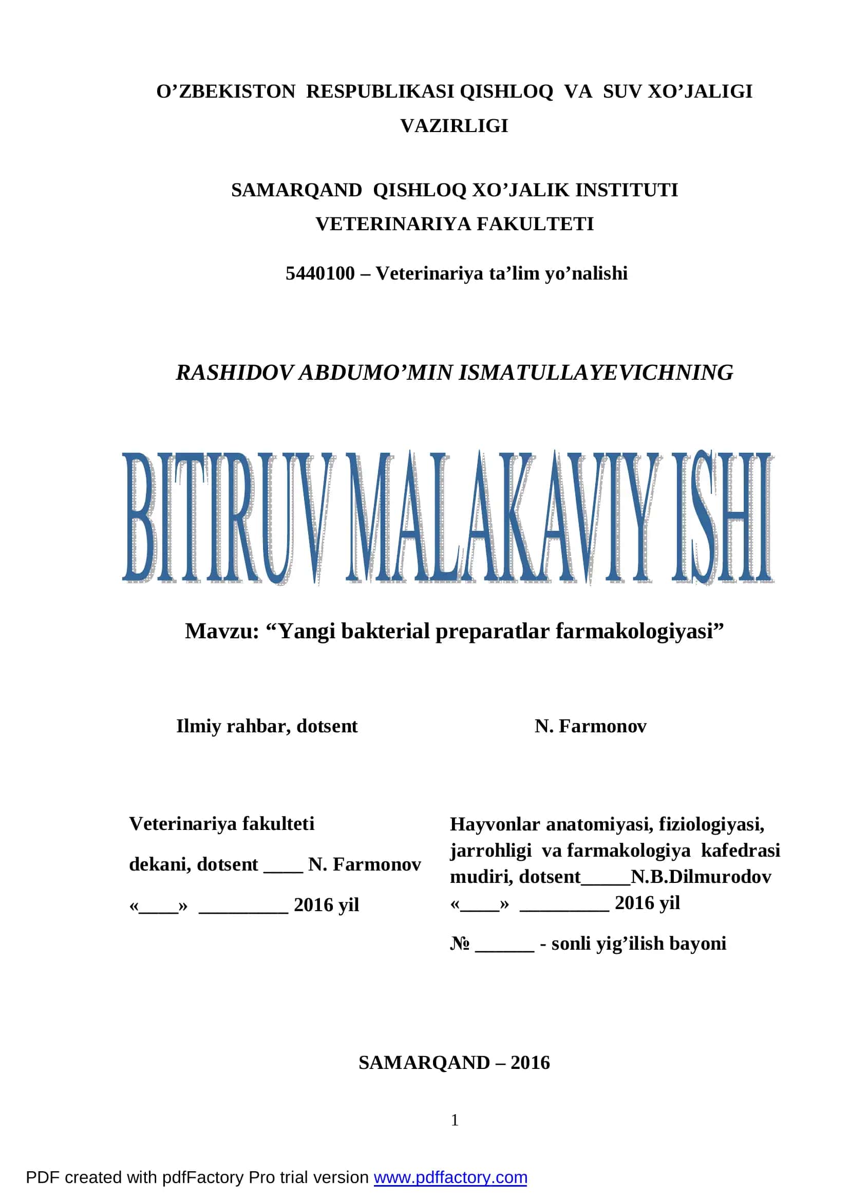 “Yangi bakterial preparatlar farmakologiyasi”