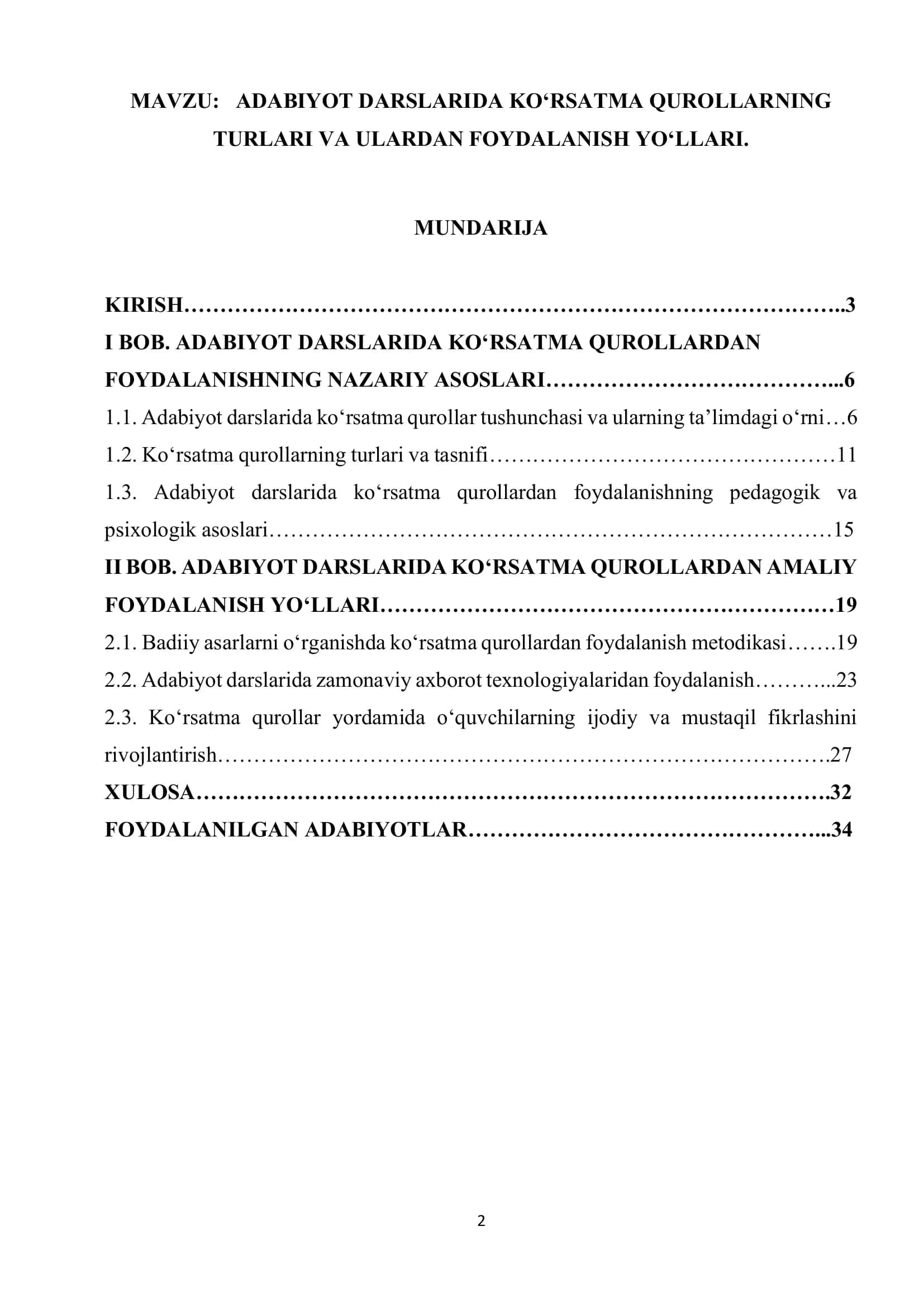 ADABIYOT DARSLARIDA KO‘RSATMA QUROLLARNING TURLARI VA ULARDAN FOYDALANISH YO‘LLARI