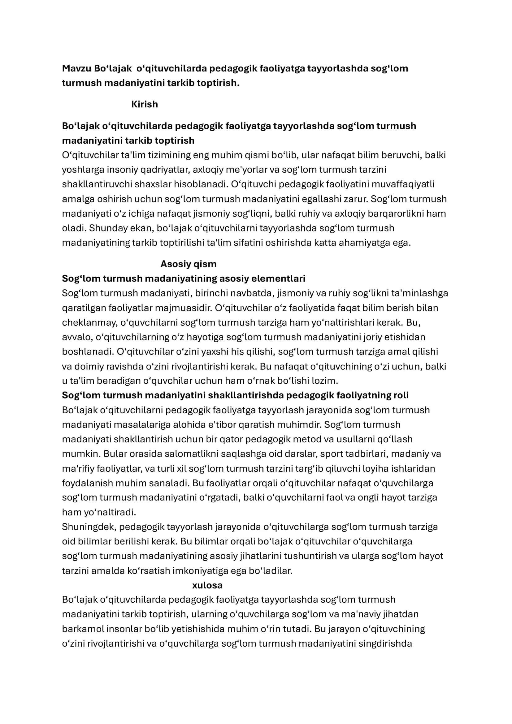 Bo‘lajak o‘qituvchilarda pedagogik faoliyatga tayyorlashda sog‘lom turmush madaniyatini tarkib toptirish