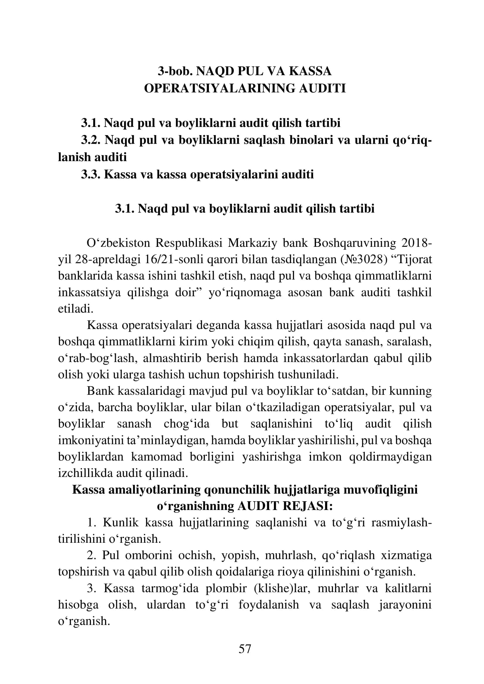 Naqd pul va boyliklarni audit qilish tartibi