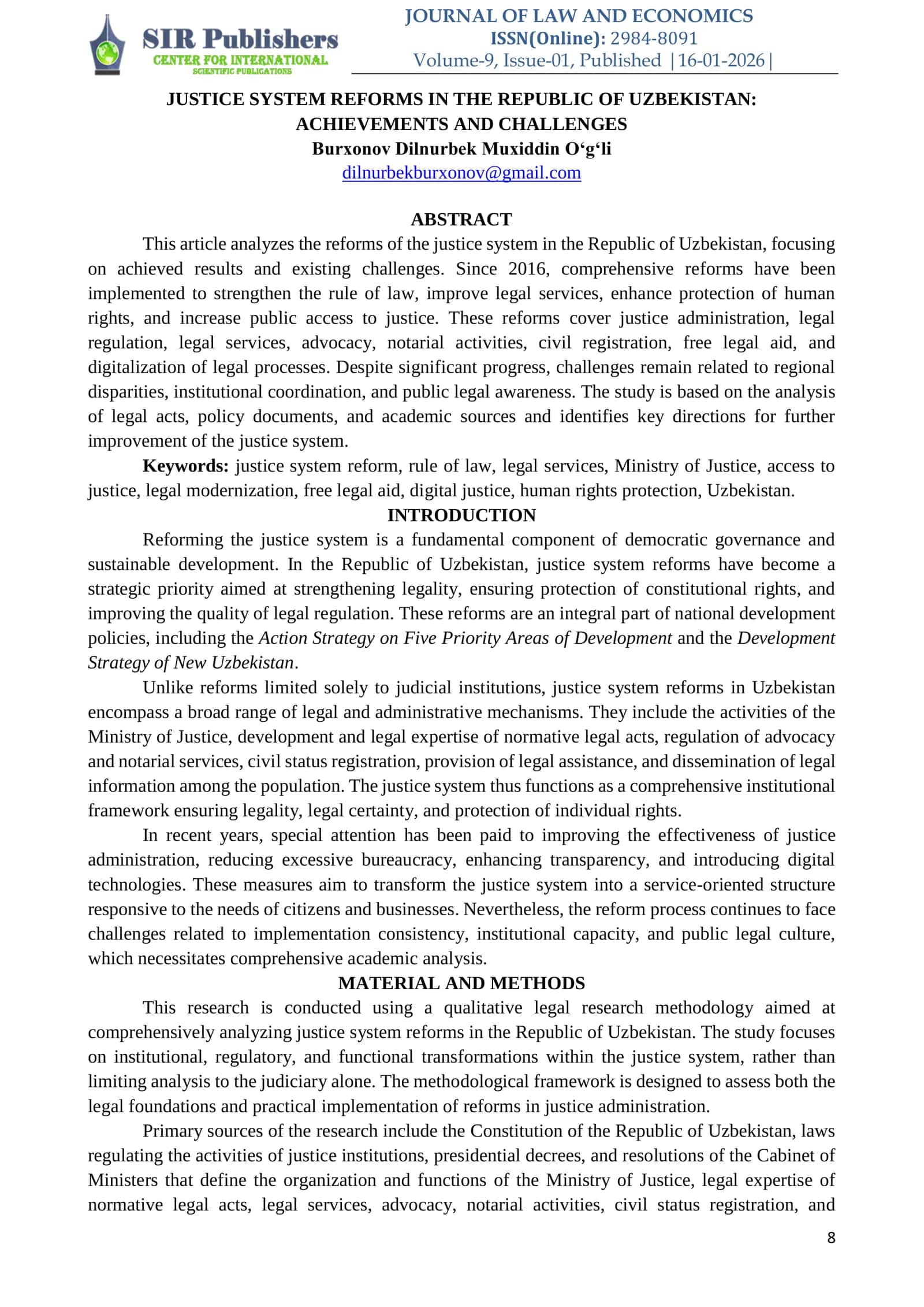 JUSTICE SYSTEM REFORMS IN THE REPUBLIC OF UZBEKISTAN