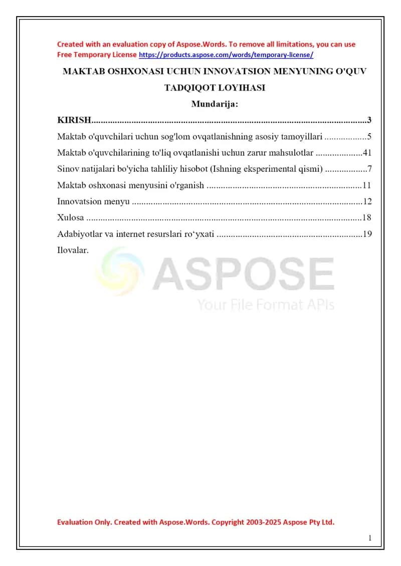 MAKTAB OSHXONASI UCHUN INNOVATSION MENYUNING O'QUV TADQIQOT LOYIHASI