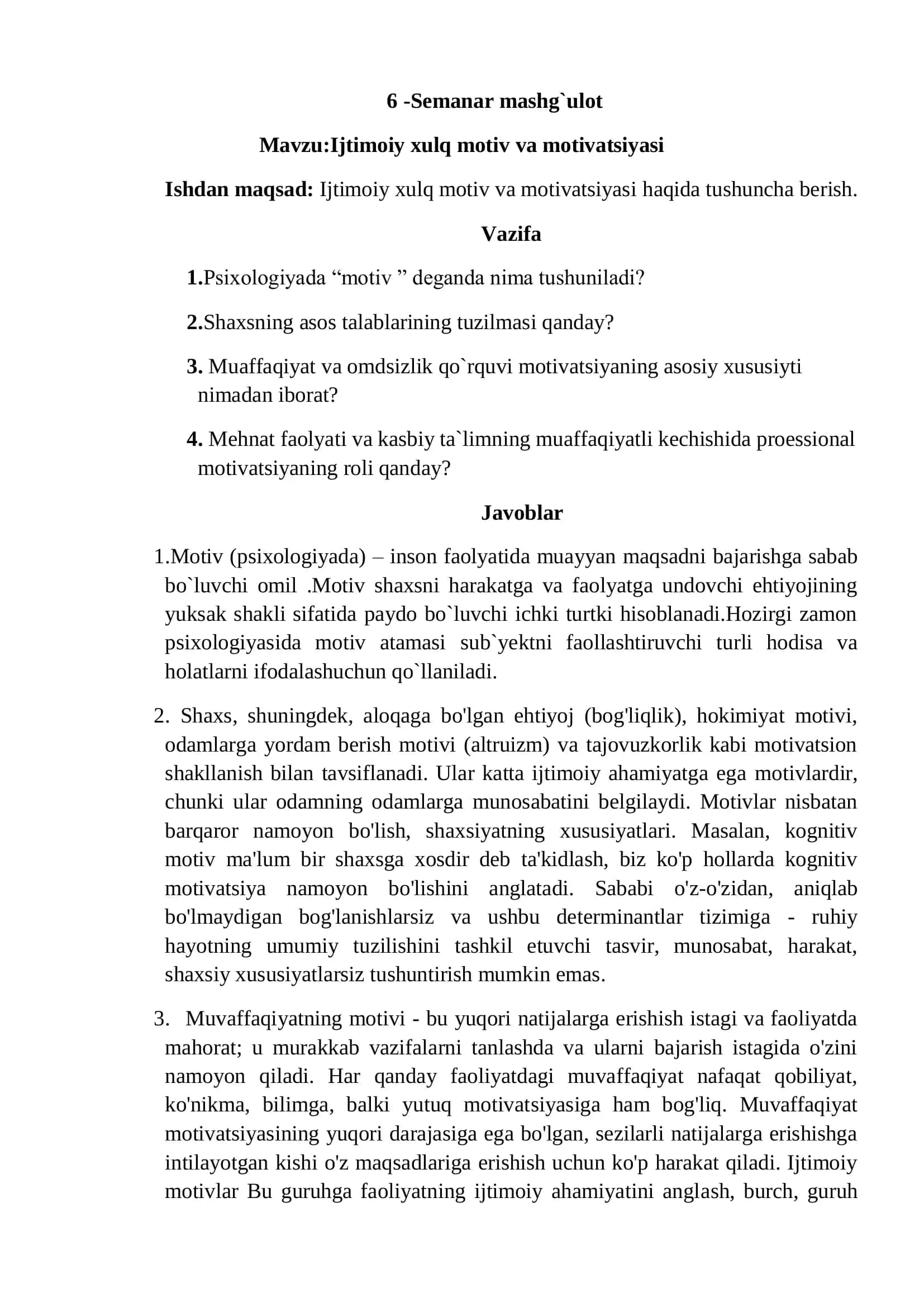 Ijtimoiy xulq motiv va motivatsiyasi