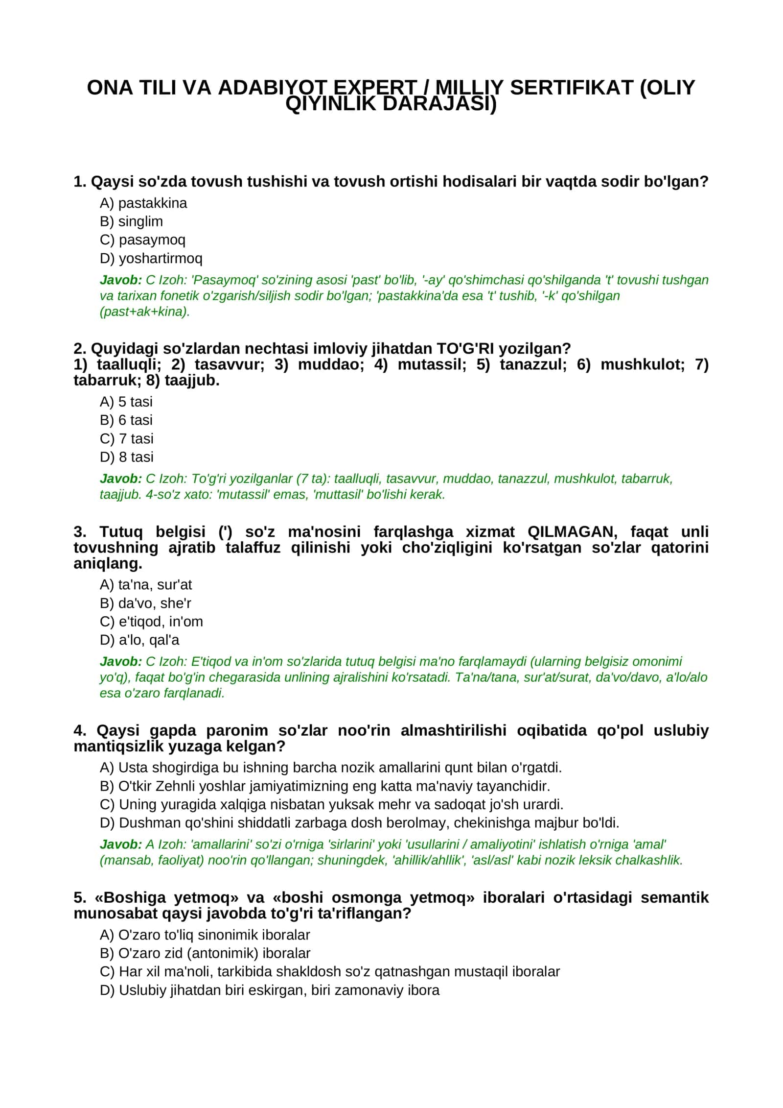 ONA TILI VA ADABIYOT EXPERT / MILLIY SERTIFIKAT (OLIY QIYINLIK DARAJASI)