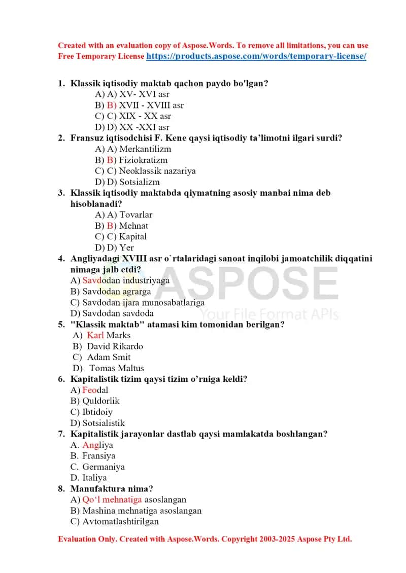 Klassik iqtisodiy maktab nazariyasi bo‘yicha test savollari