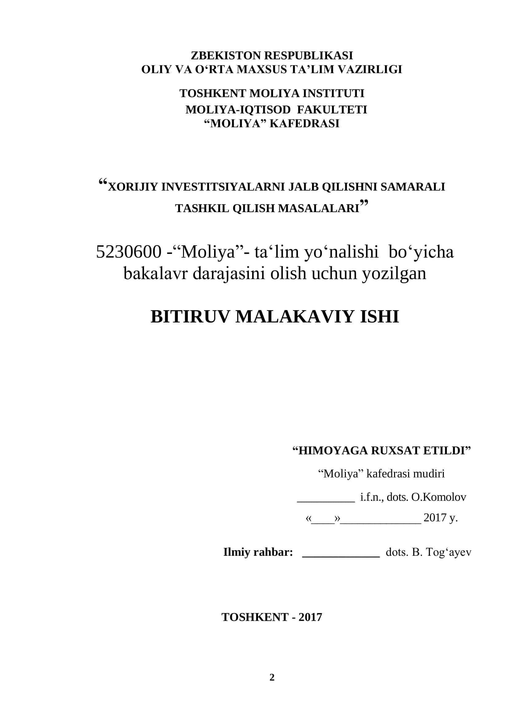 XORIJIY INVESTITSIYALARNI JALB QILISHNI SAMARALI TASHKIL QILISH MASALALARI