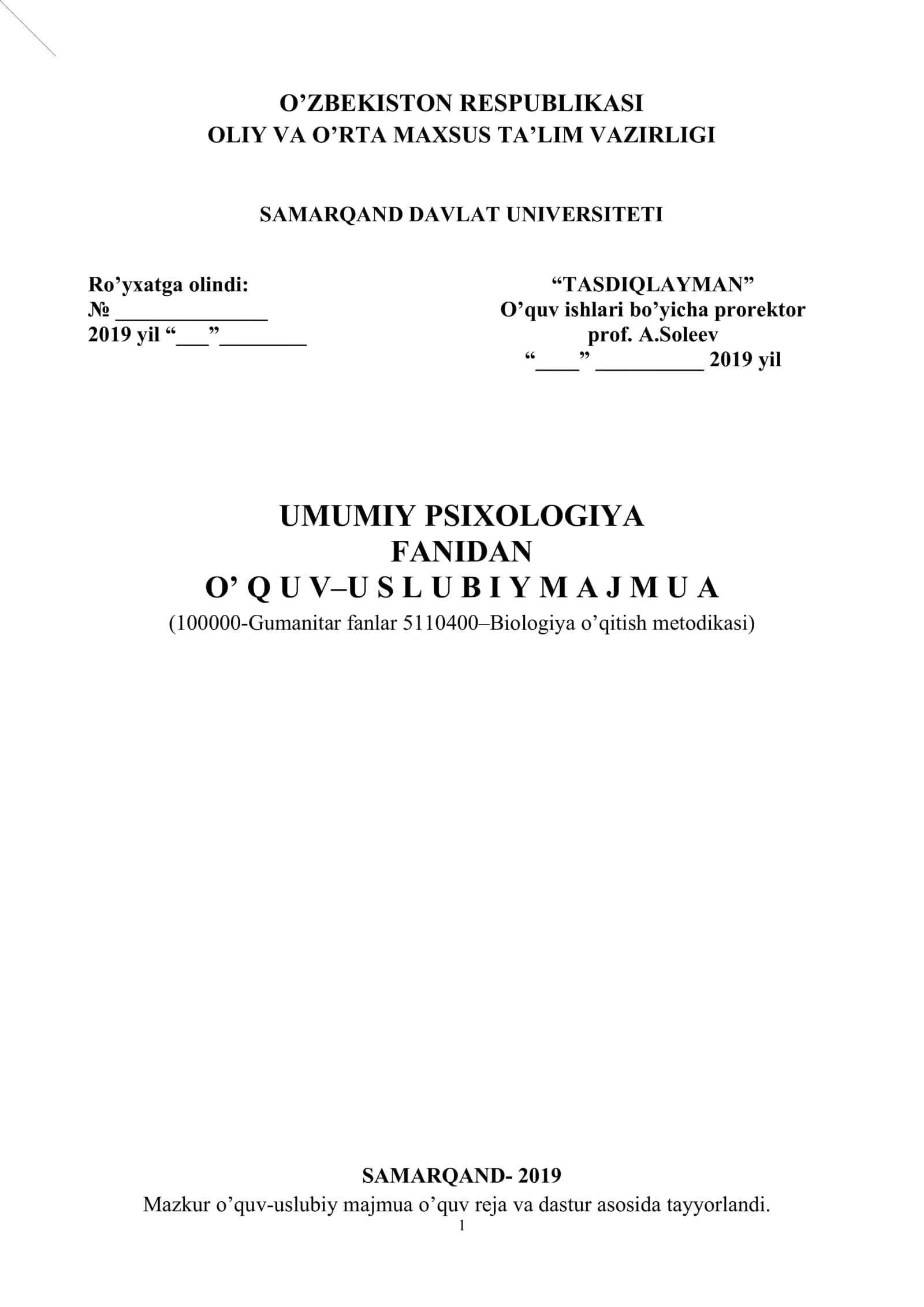 UMUMIY PSIXOLOGIYA FANIDAN O’ Q U V–U S L U B I Y M A J M U A