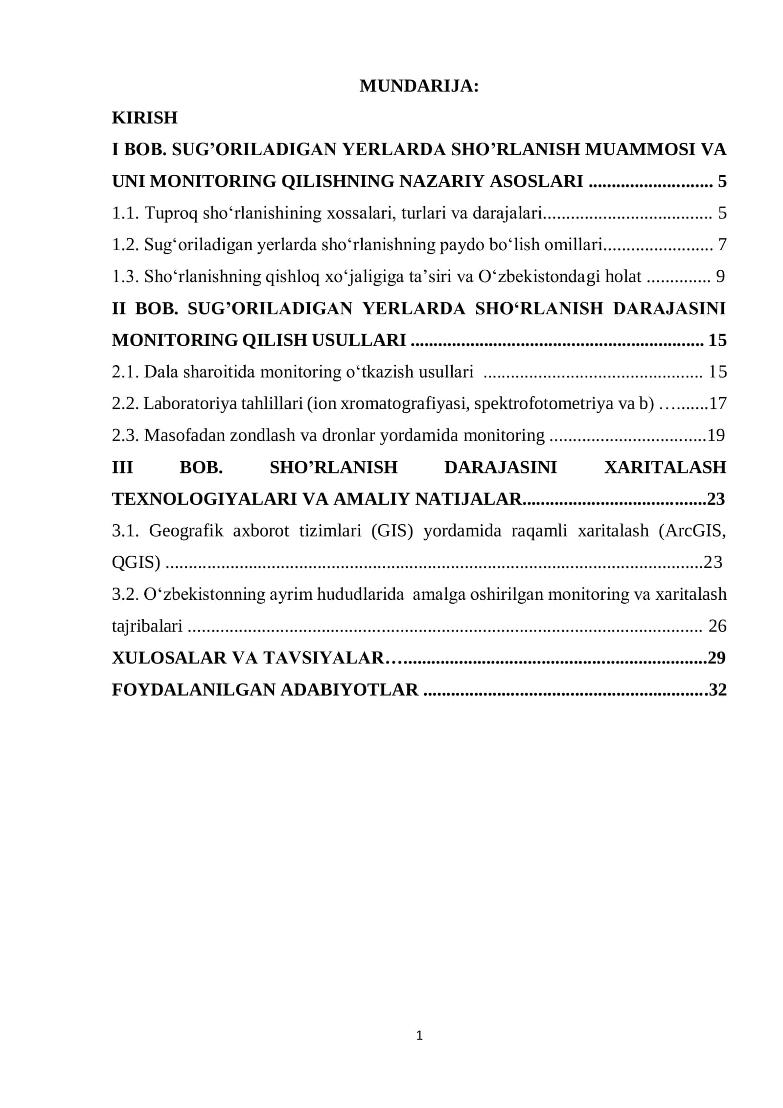 SUG’ORILADIGAN YERLARDA SHO’RLANISH DARAJASINI MONITORING QILISH
