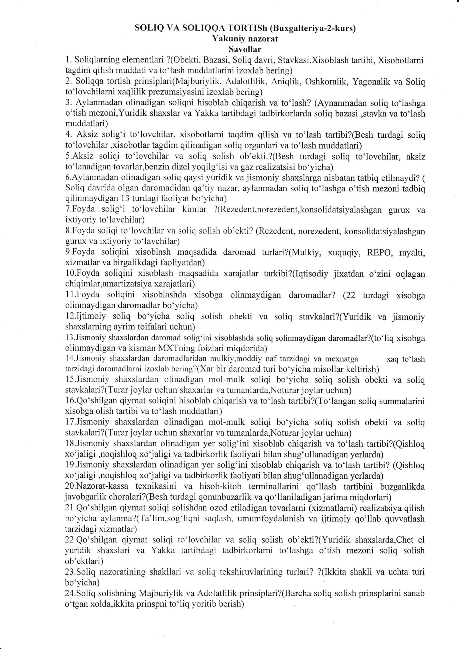 SOLIQ VA SOLIQQA TORTISh yakuniy savollar